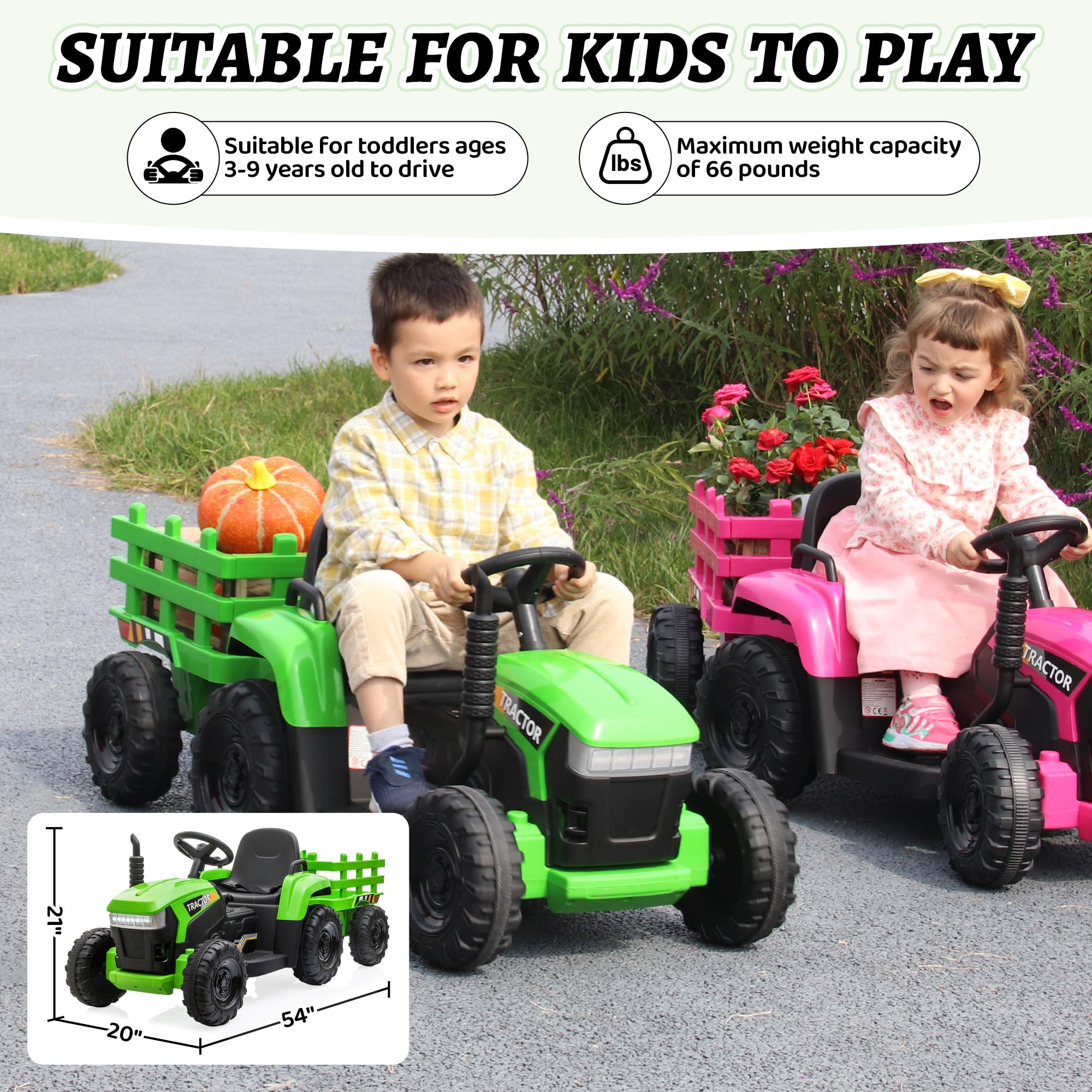 12V Electric Ride-On Tractor with Trailer for Kids