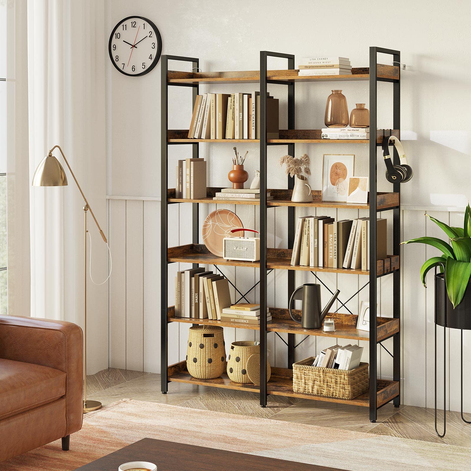 Bookshelf 6 Tier with 4 Hooks, 67” Industrial Wooden Bookcase