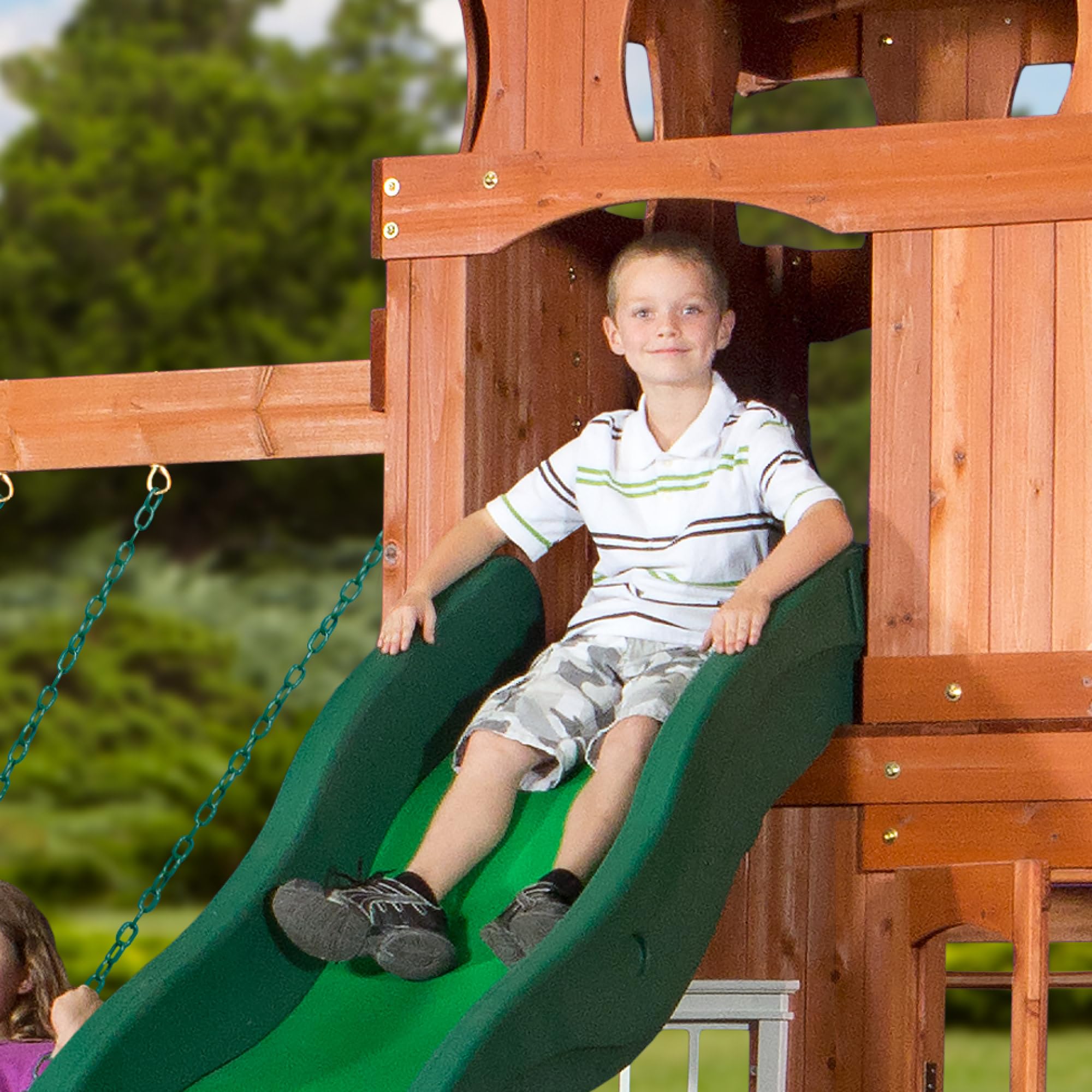 Cedar Wood Swing Set with Clubhouse and Wave Slide