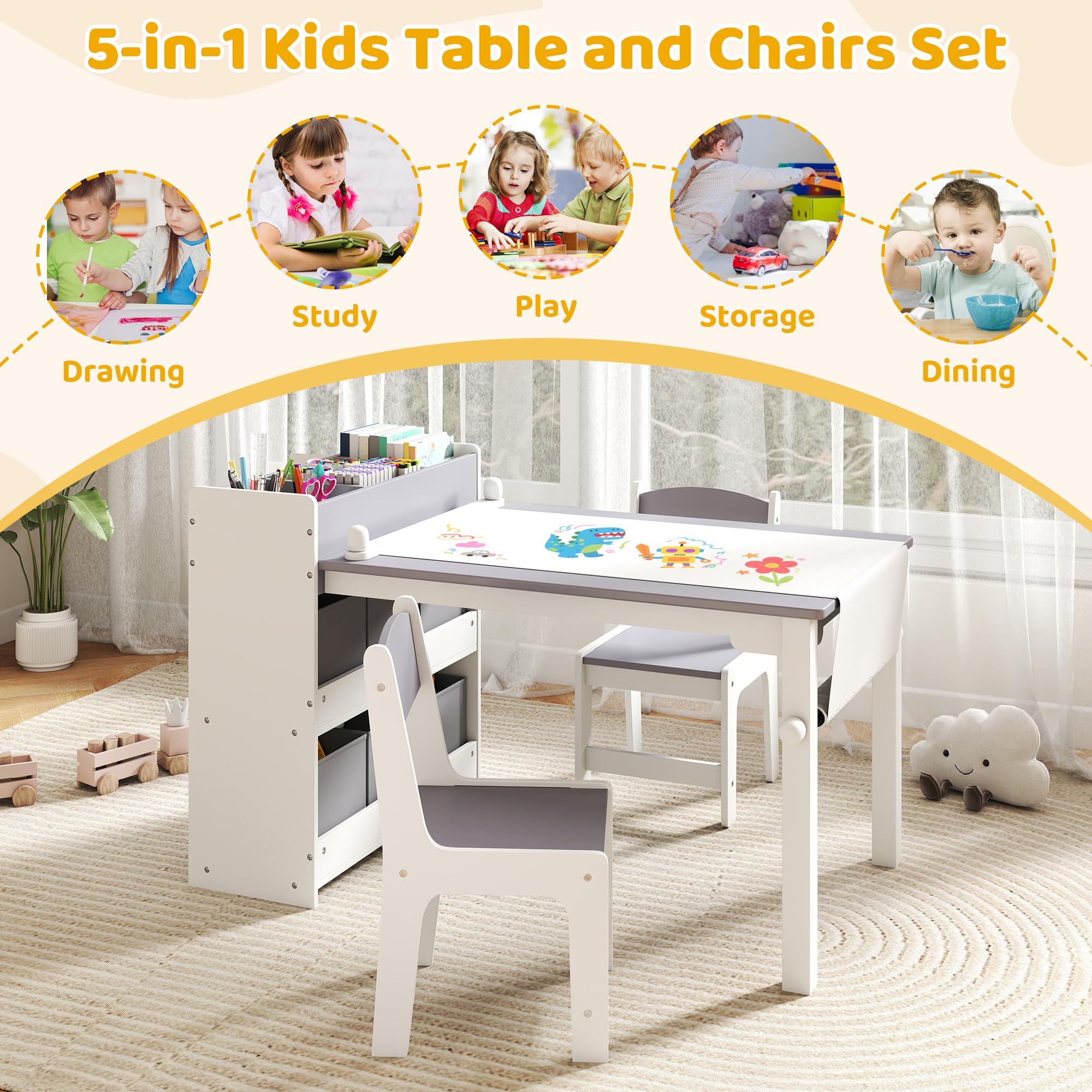 Kids Art Table and Chairs Set with Storage and Paper Roll