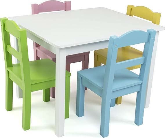Kids Wooden Table and 4 Chairs Set, White/Pastels - Kids Table and Chair Set