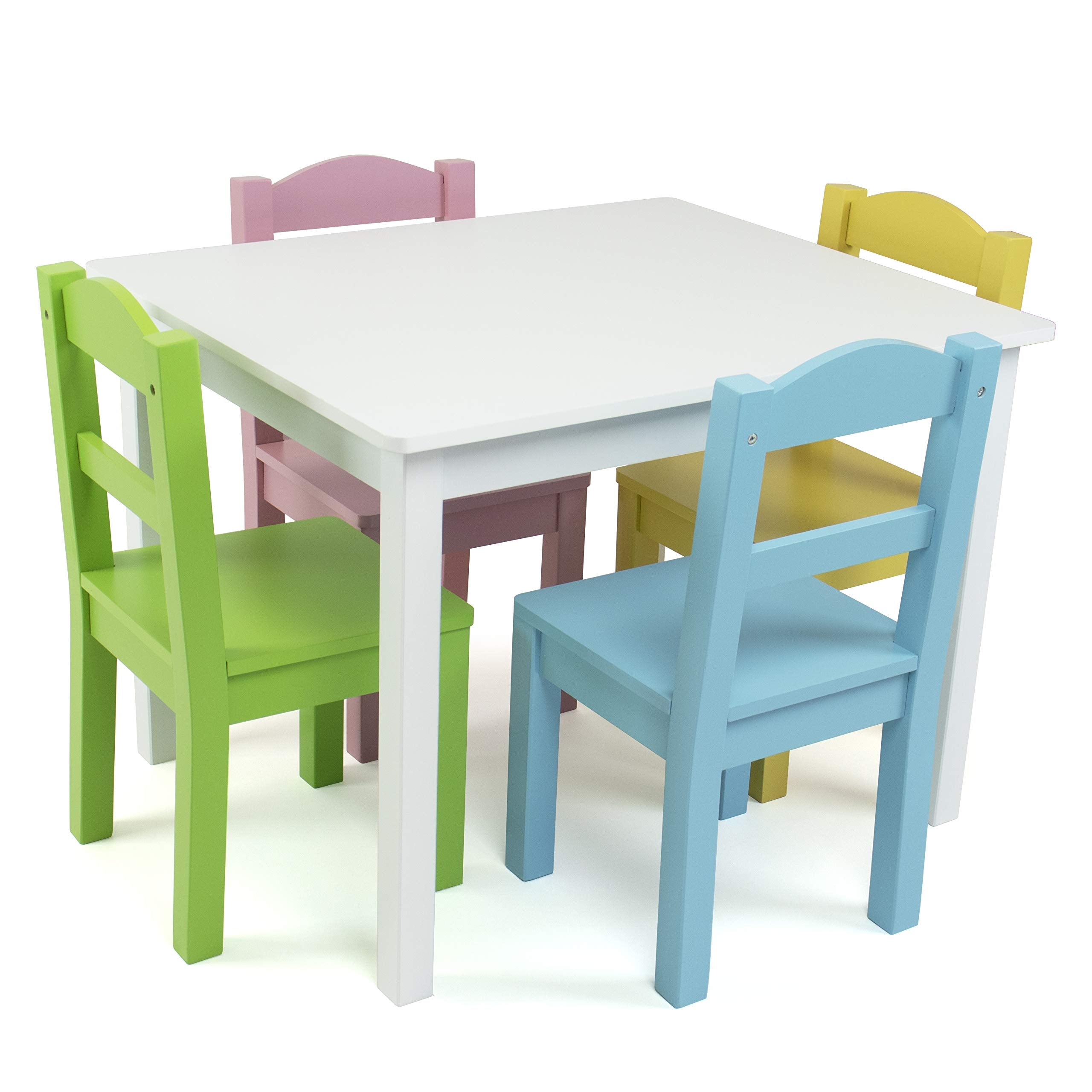 Kids Wooden Table and 4 Chairs Set, White/Pastels - Kids Table and Chair Set