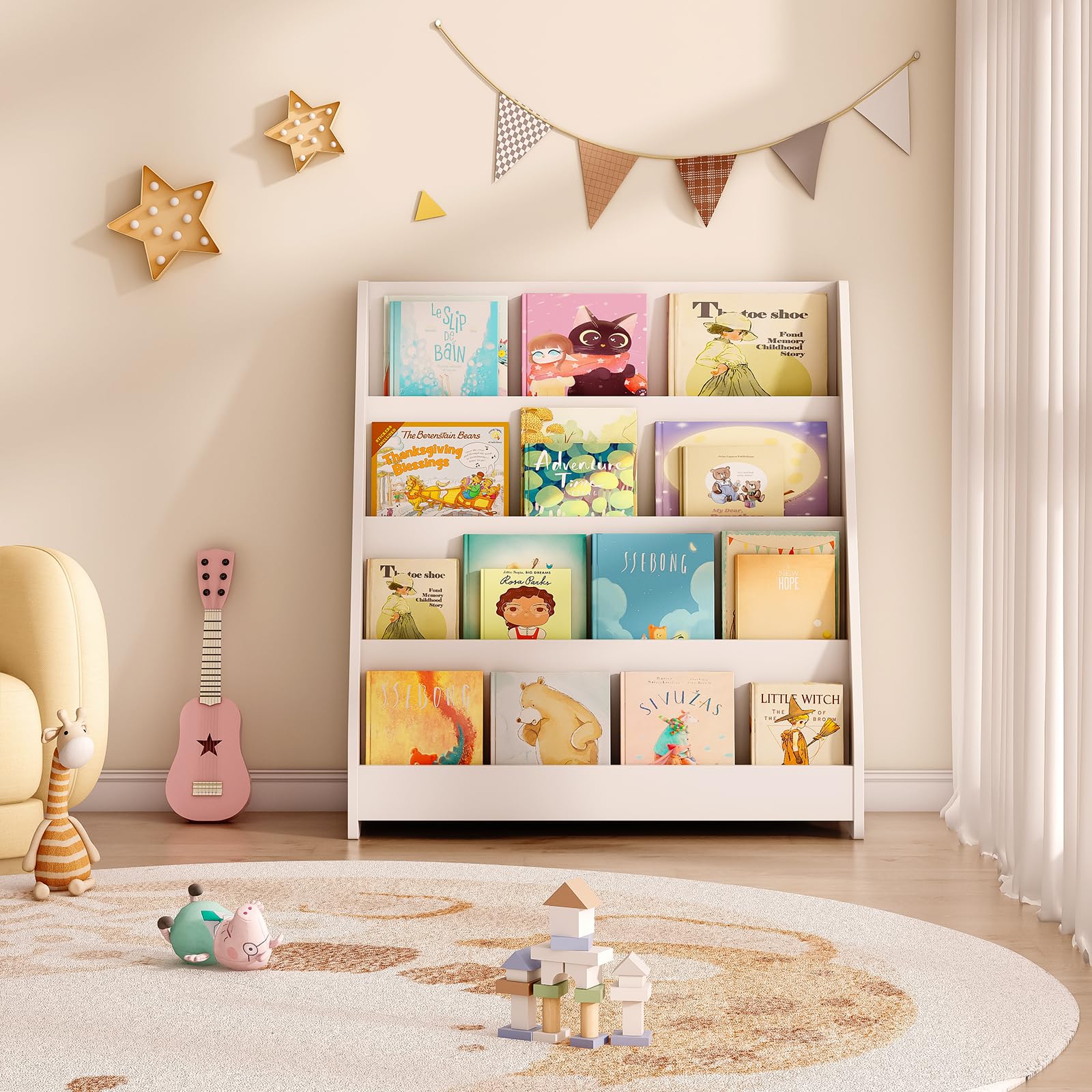 4 Tier Kids Wooden Bookshelf, Toddler Sling Bookcase Montessori