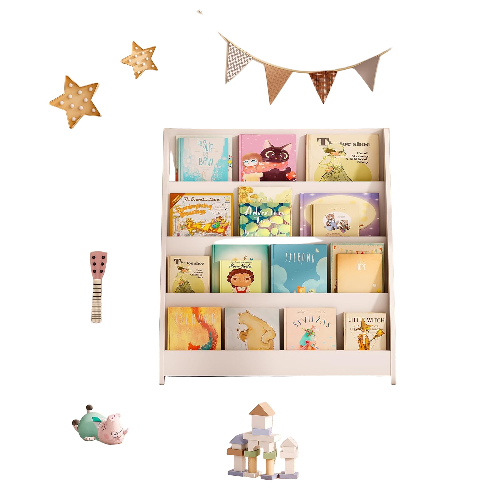 Kids Wooden Bookshelf, Toddler Sling Bookcase Montessori Bookshelf