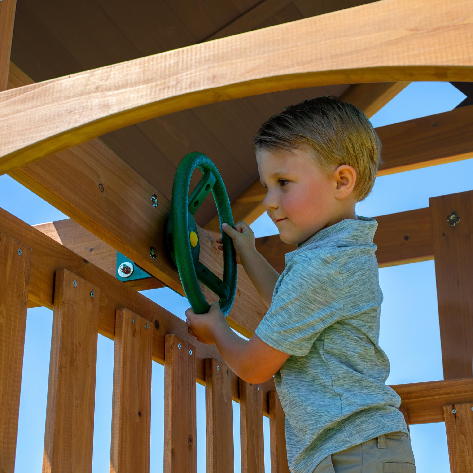 Cedar Wood Swing Set with Wave Slide Rock Wall Sandbox