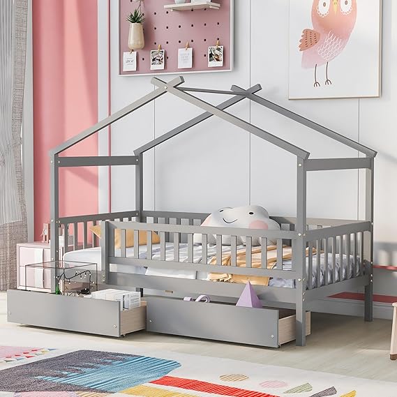 Twin Size House Bed with Drawers for Kid Bedroom