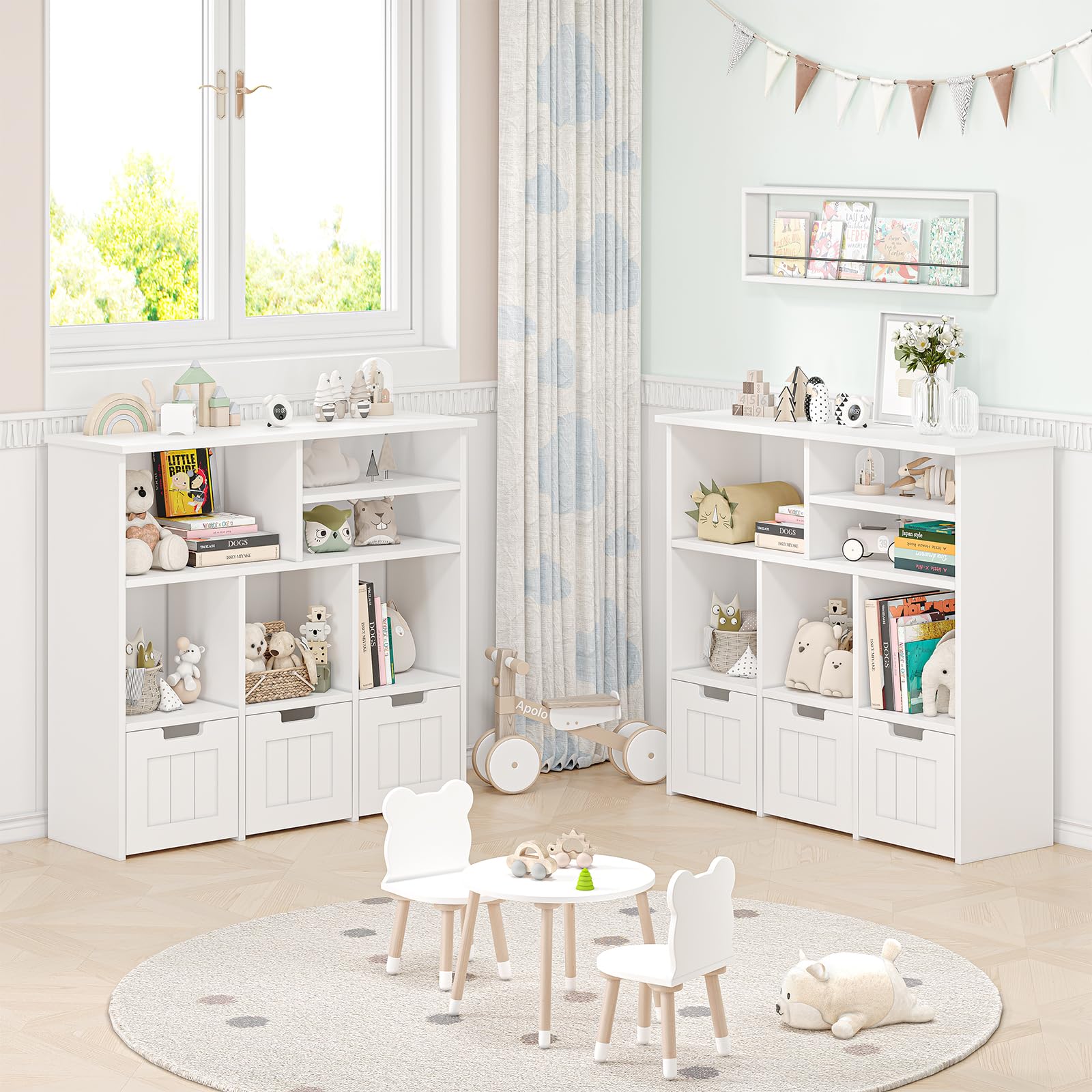 Kids Bookcase Toy Storage Organizer Toy Chest with 3 Movable Drawers & Hidden Wheels