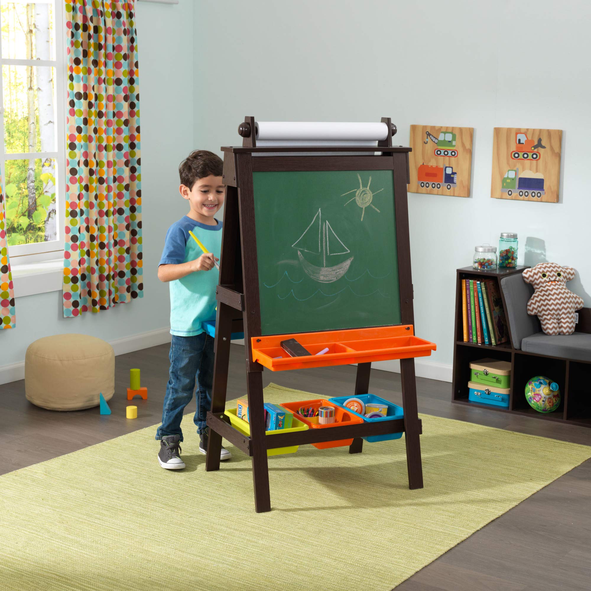 Wooden Storage Easel with Dry Erase and Chalkboard Surfaces