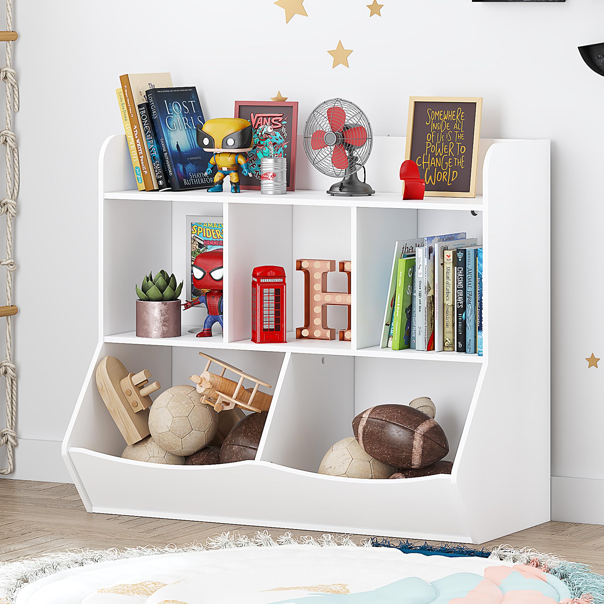 Toy Storage Organizer with Bookcase, Kid’s Multi Shelf Cubby for Books
