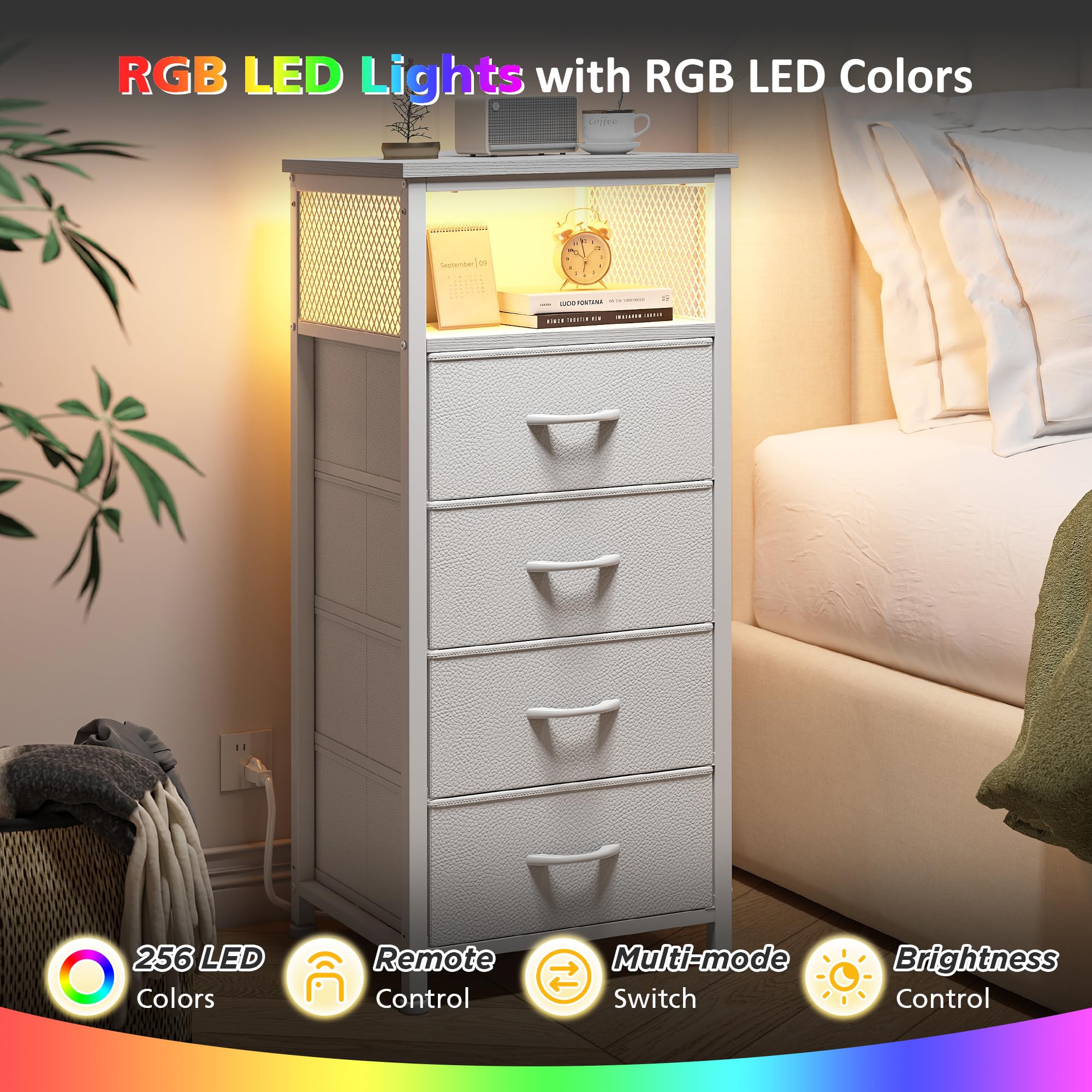 LED Nightstand Set of 2 with Charging Station and Fabric Drawers