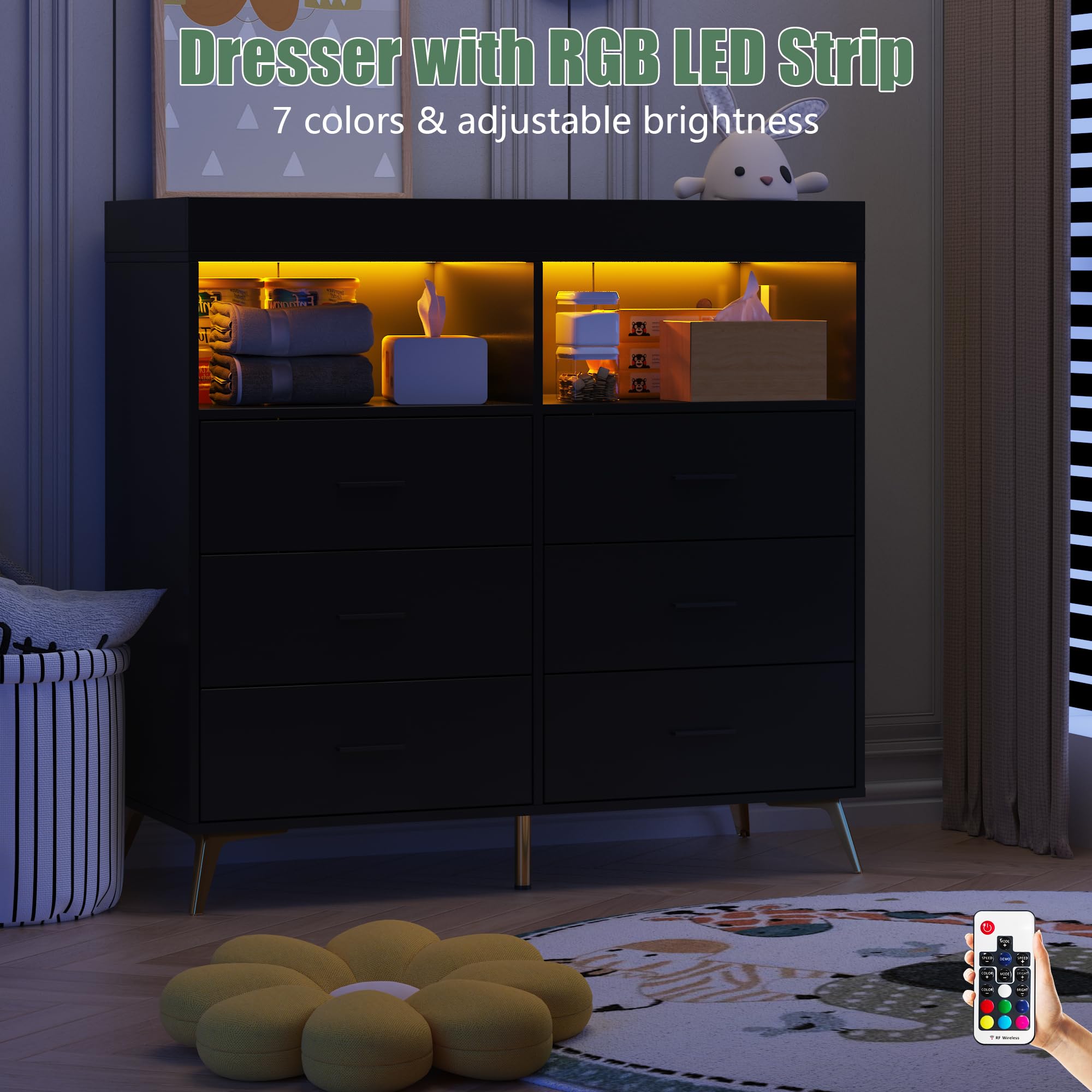 Baby Changing Table Dresser with LED Lights and Power Outlet