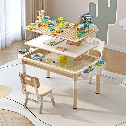 Kids Table and 2 Chairs with Storage, Children Water and Sand Activity