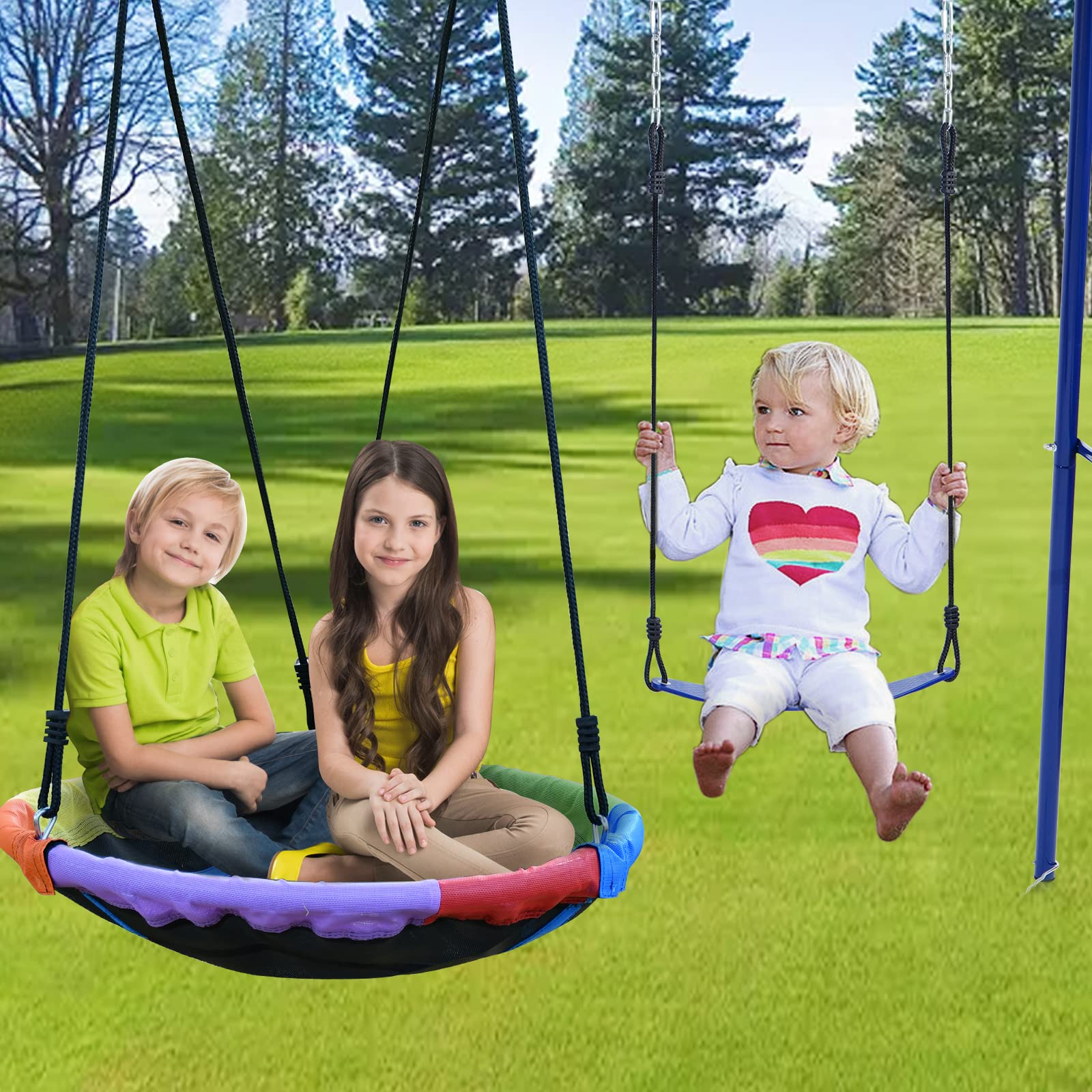 Swing Set for Backyard, 440lbs Swing Set with Heavy-Duty A-Frame Metal Stand