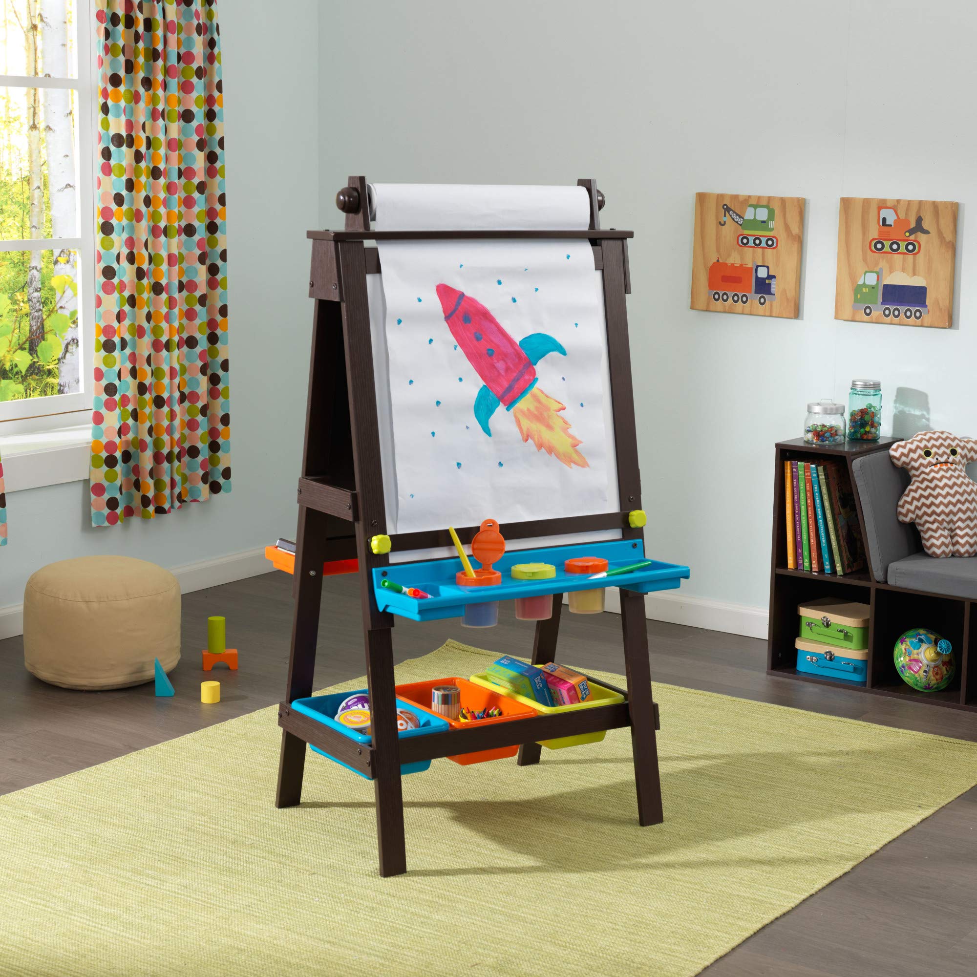 Wooden Storage Easel with Dry Erase and Chalkboard Surfaces