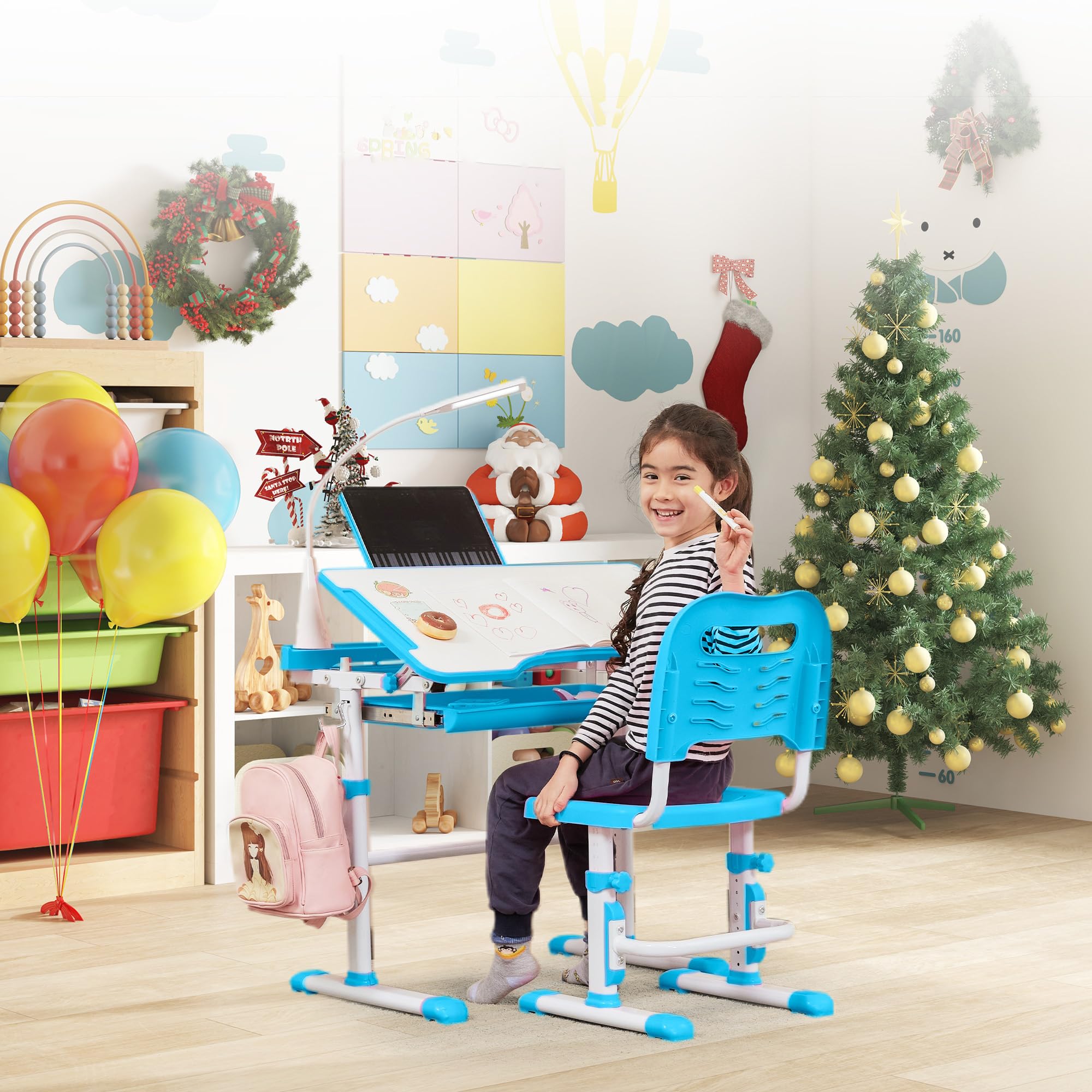 Kids Desk and Chair Set with Tiltable Desktop and LED Light
