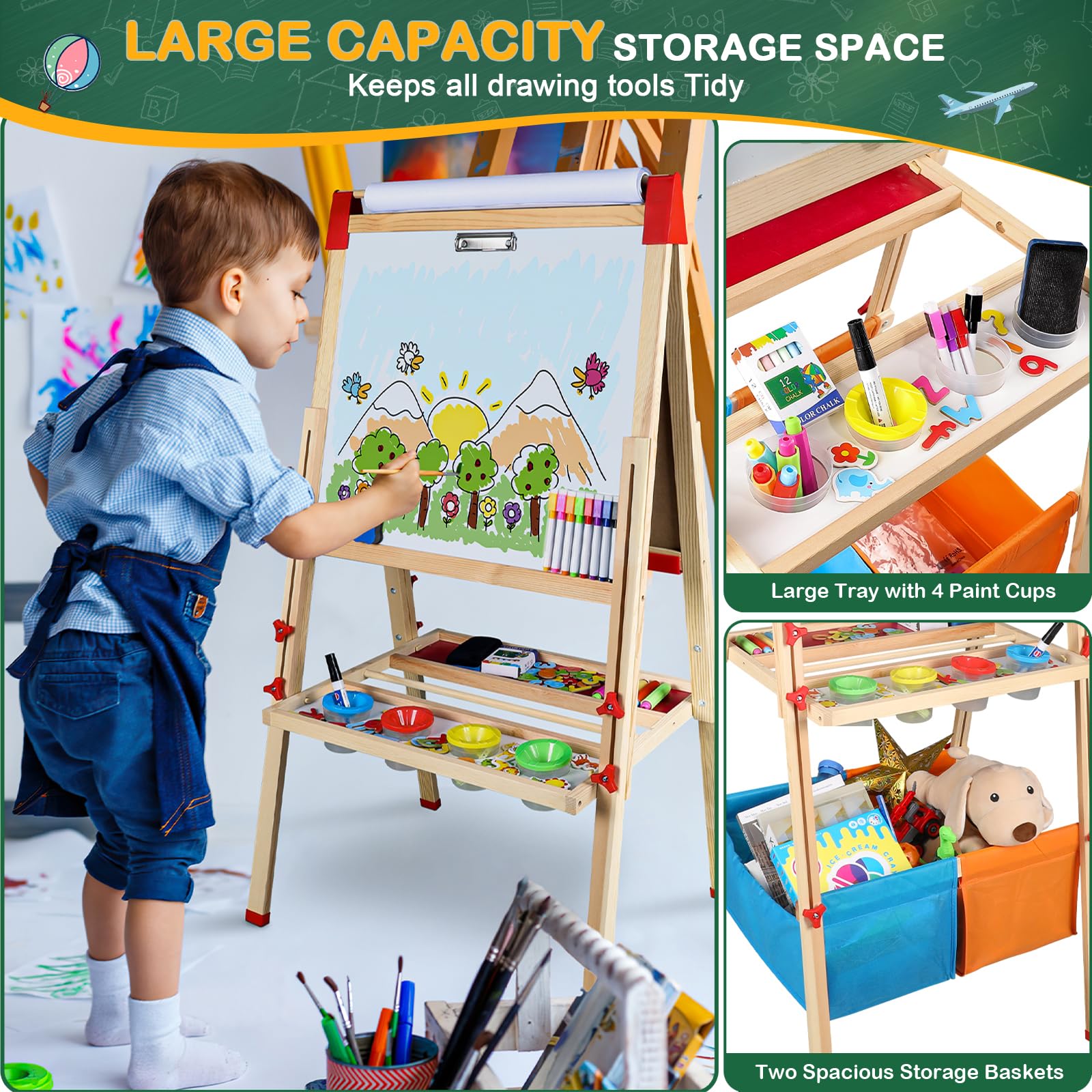 Easel for Kids,3 in 1 Adjustable Kids Art Drawing Easel Set,130+ Art Supplies,Wooden Double Sided Magnetic Chalkboard and White Board with Paper Roll,Painting for Aged 2-4,5-7,8-12