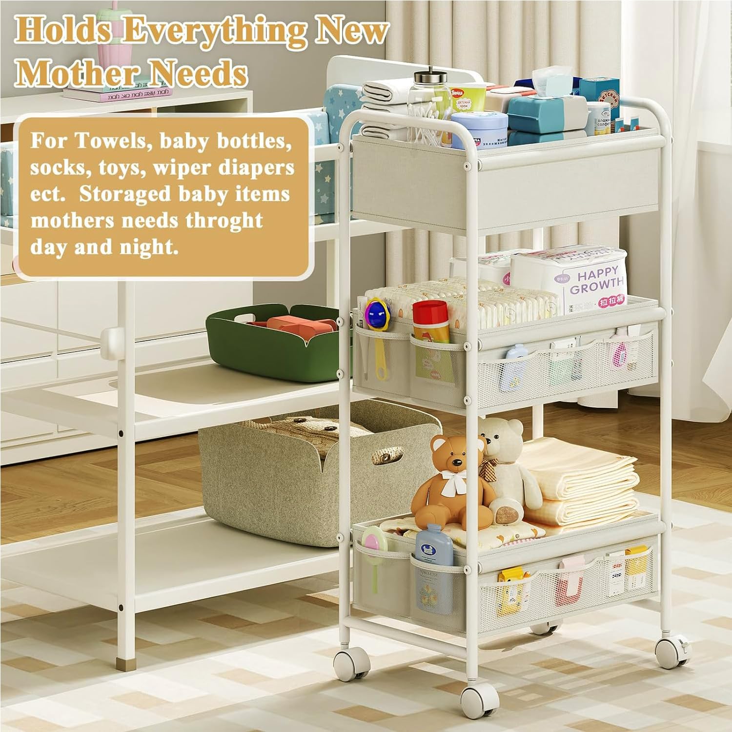 3-Tier Baby Diaper Caddy Cart Organizer with Wheels