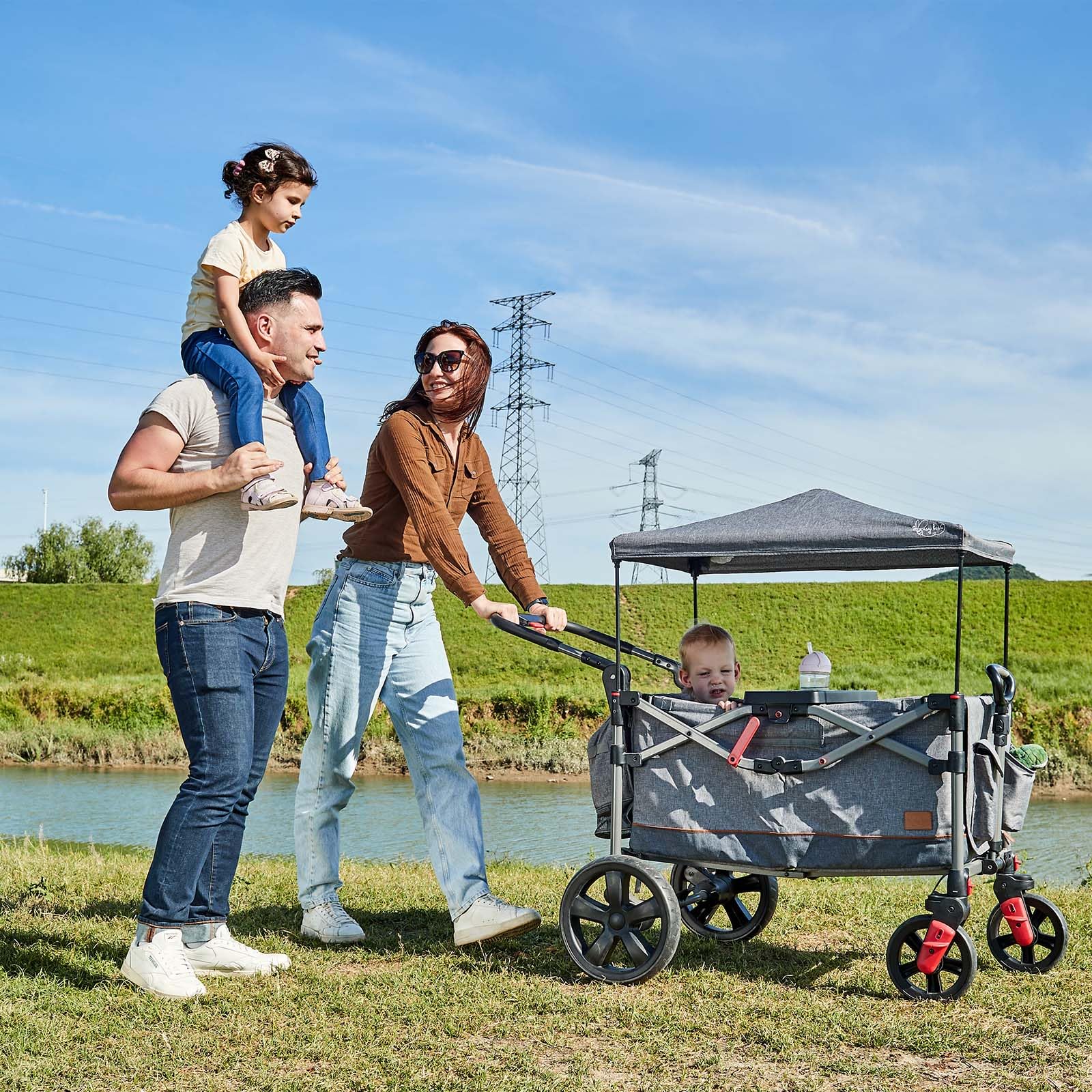 Foldable Wagon Stroller for 2 Kids, Push Pull Collapsible Kids Wagon