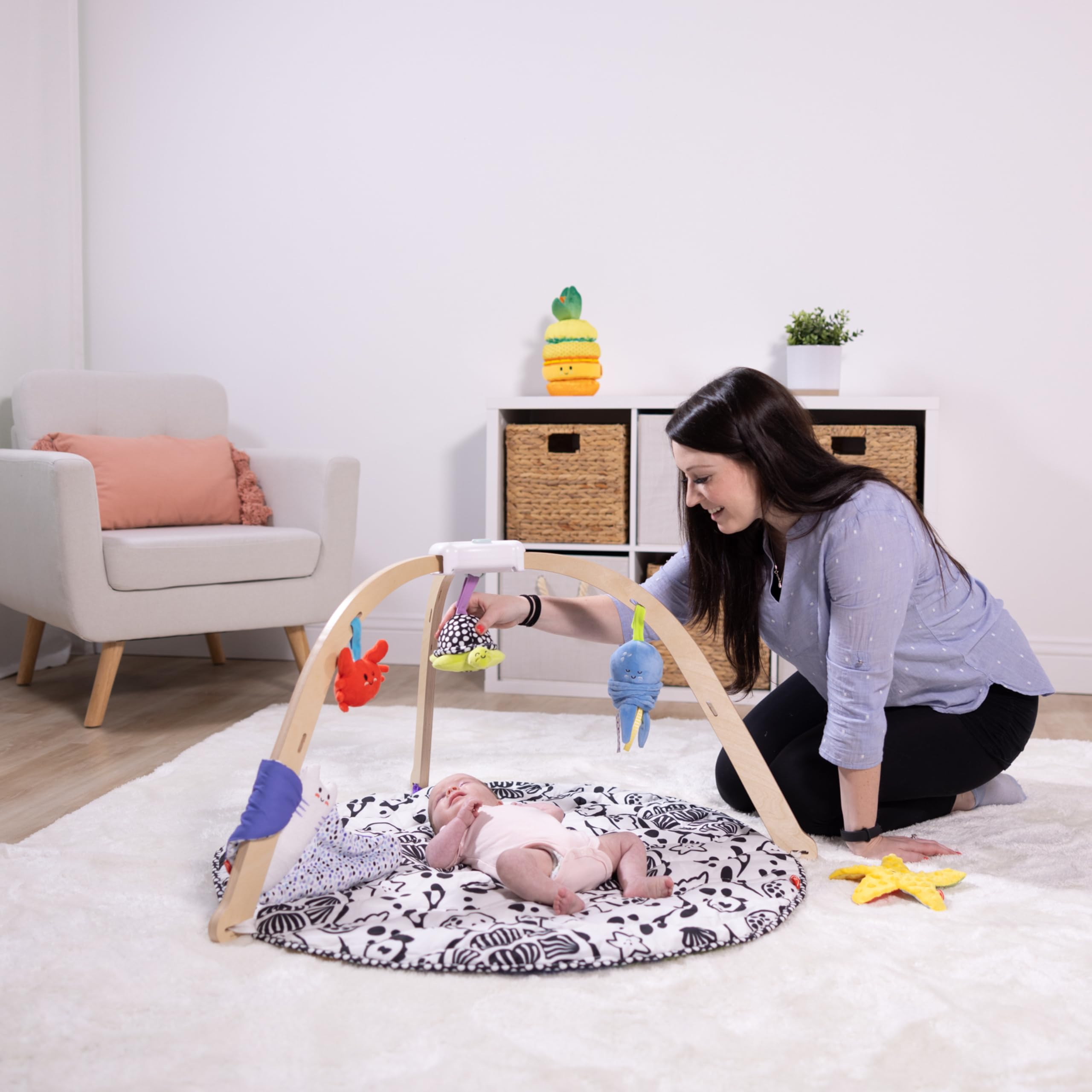 Ocean Easy-Fold Wooden Play Gym for Infants, Reversible Mat, 5 Soft Toys