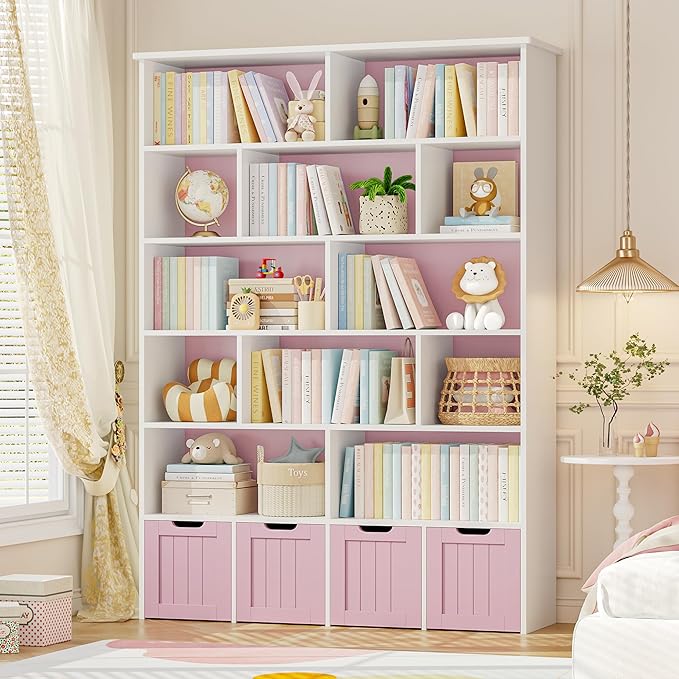 69" H Toy Storage Organizer, 6 Tier Tall Kids Bookshelf with 4 Movable Drawers