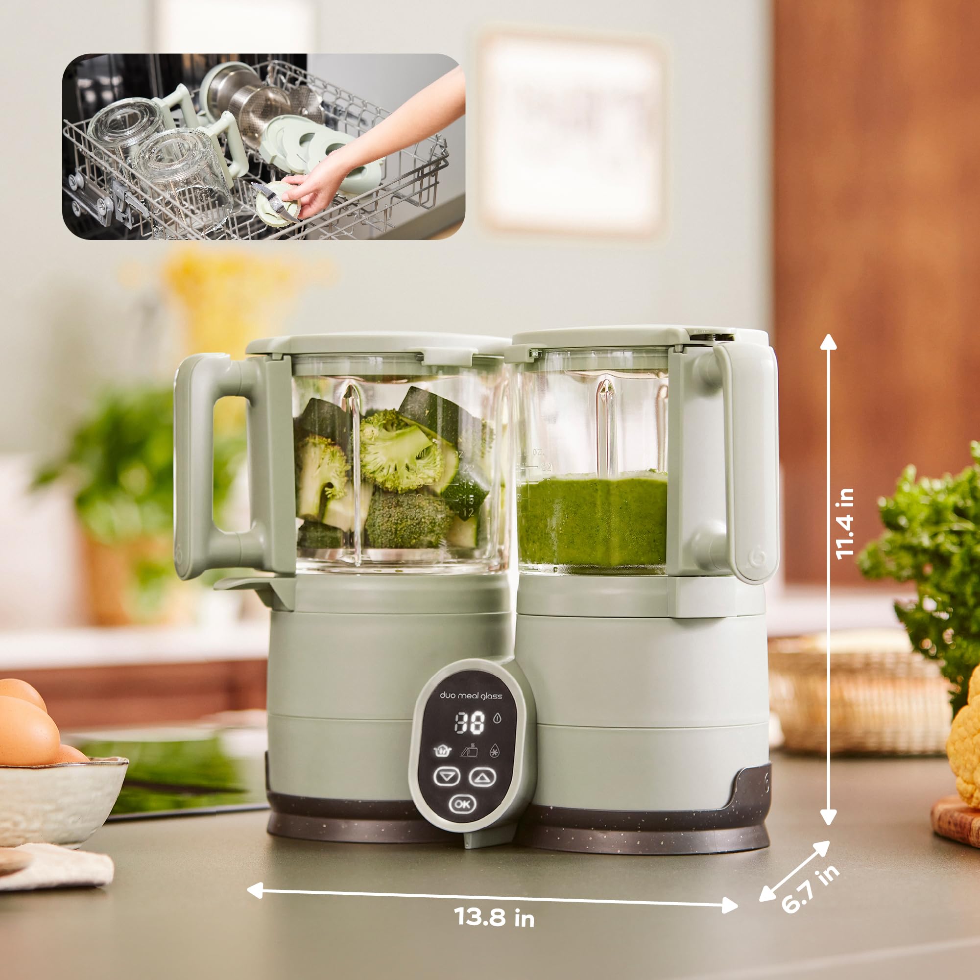 Babymoov Duo Meal Glass Baby Food Maker, Celadon Green – 4-in-1 Steamer, Blender, Defroster, and Heater with Programmable Timer, Large Capacity, Glass Bowls, Dishwasher Safe