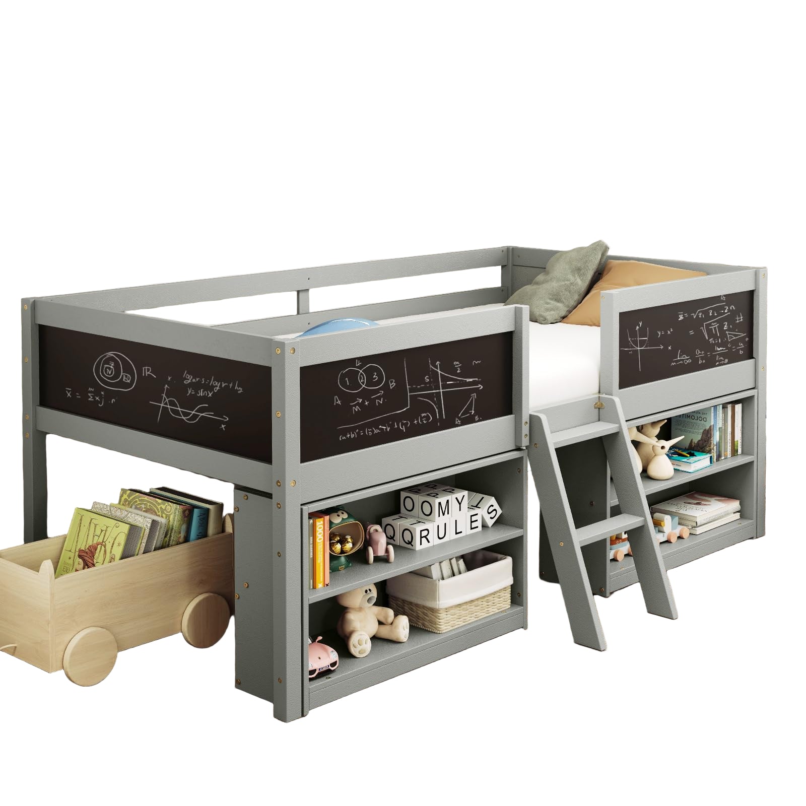 Low Loft Bed Twin Size, Wooden Loft Bed with Ladder & Blackboard