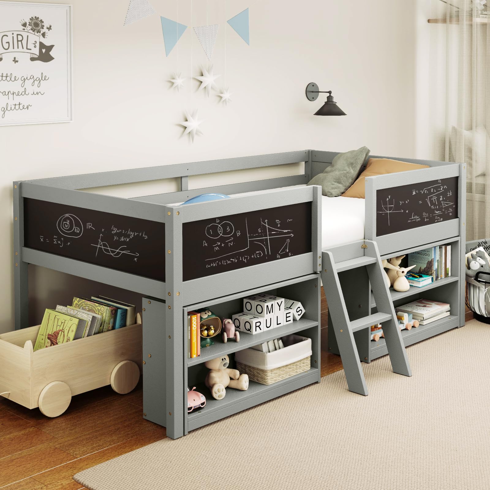 Twin Low Loft Bed with Chalkboard and Storage
