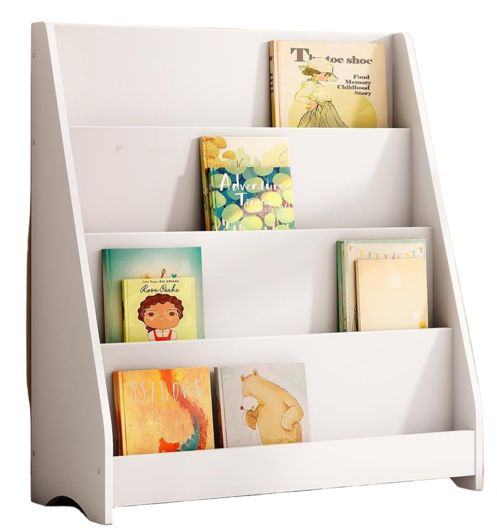 4 Tier Kids Wooden Bookshelf, Toddler Sling Bookcase Montessori
