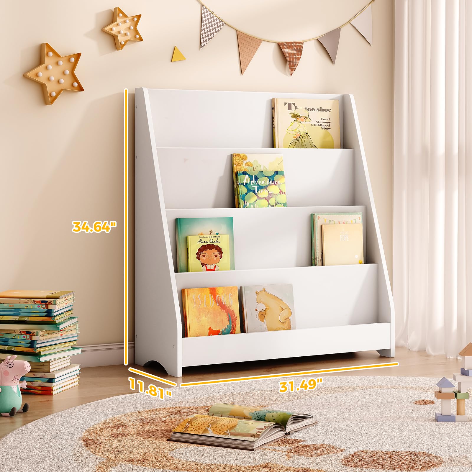 4 Tier Kids Wooden Bookshelf, Toddler Sling Bookcase Montessori