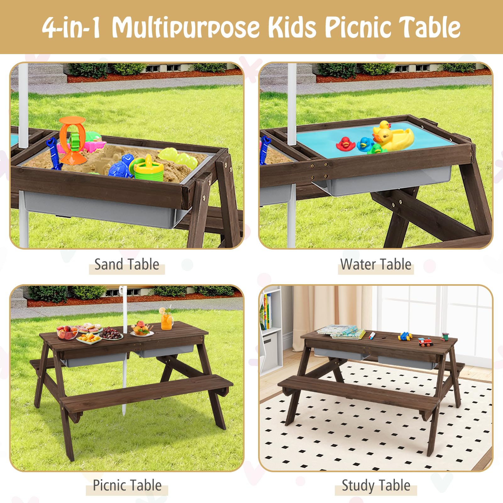 4-in-1 Cedar Kids Picnic Table with Umbrella