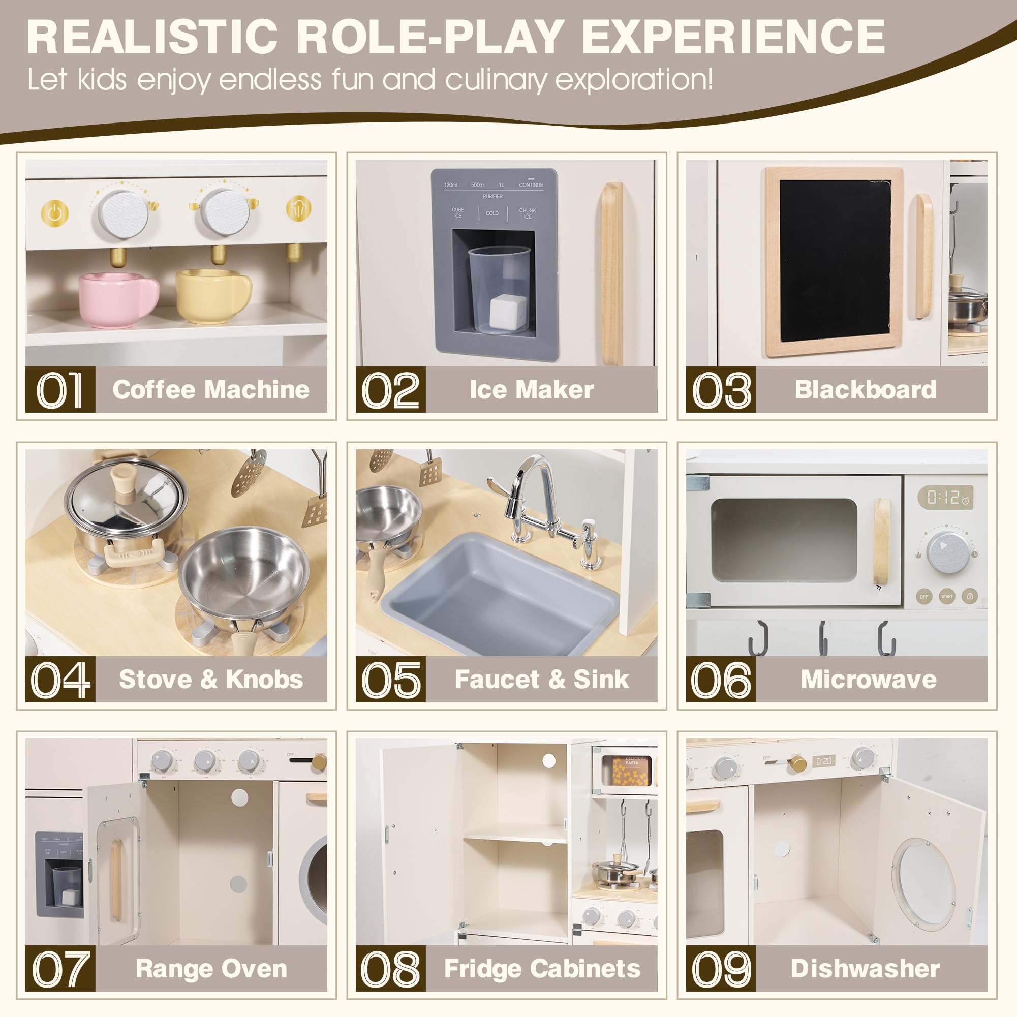 Wooden Kitchen Playset with Accessories for Kids and Toddlers
