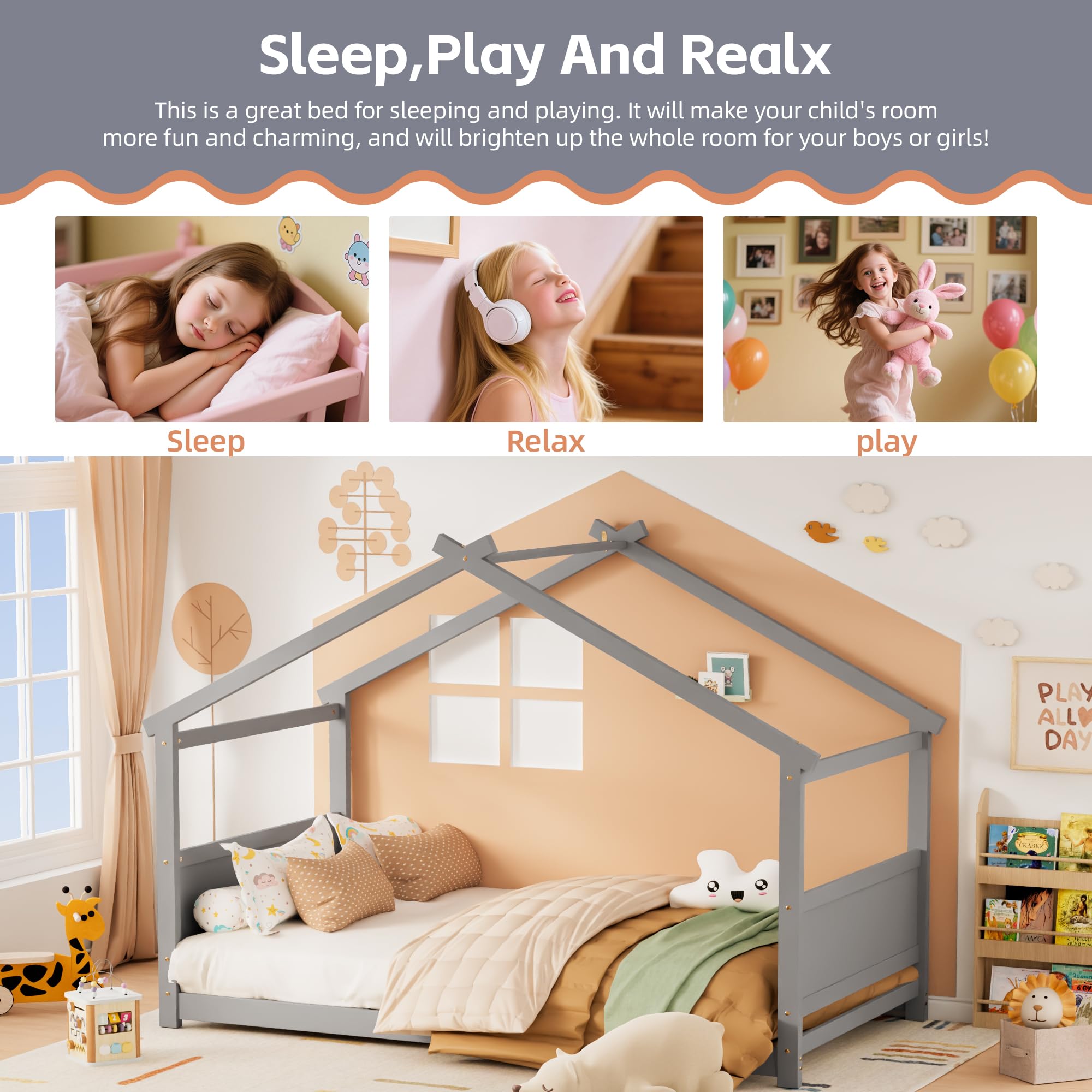Twin Floor House Bed with Headboard and Footboard