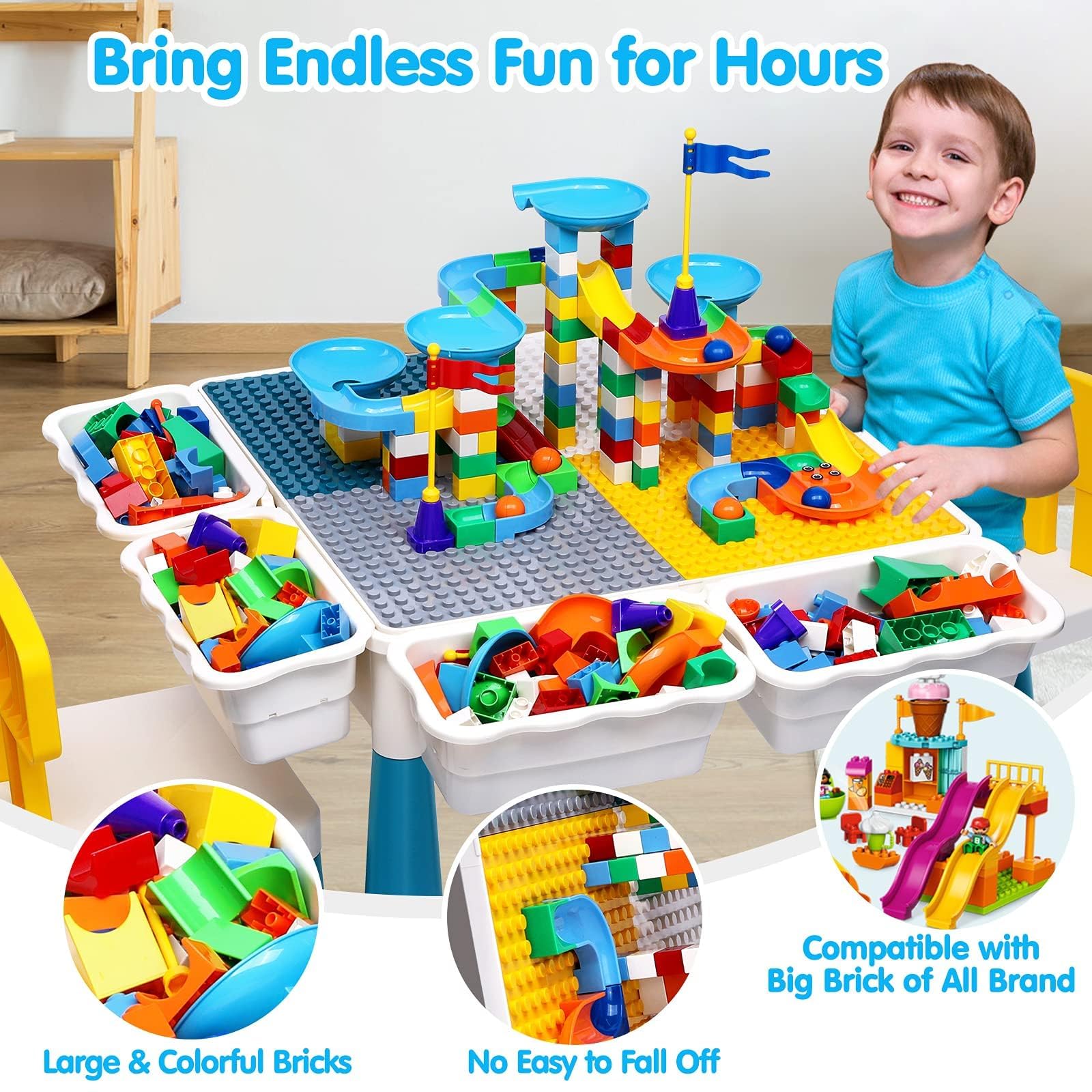 Kids Activity Table with Building Blocks and Chairs Set