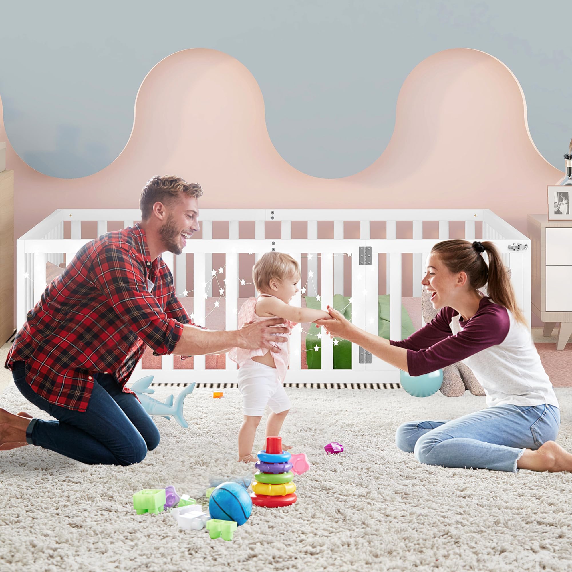 Full Floor Bed for Kids with Safety Guardrails and Door