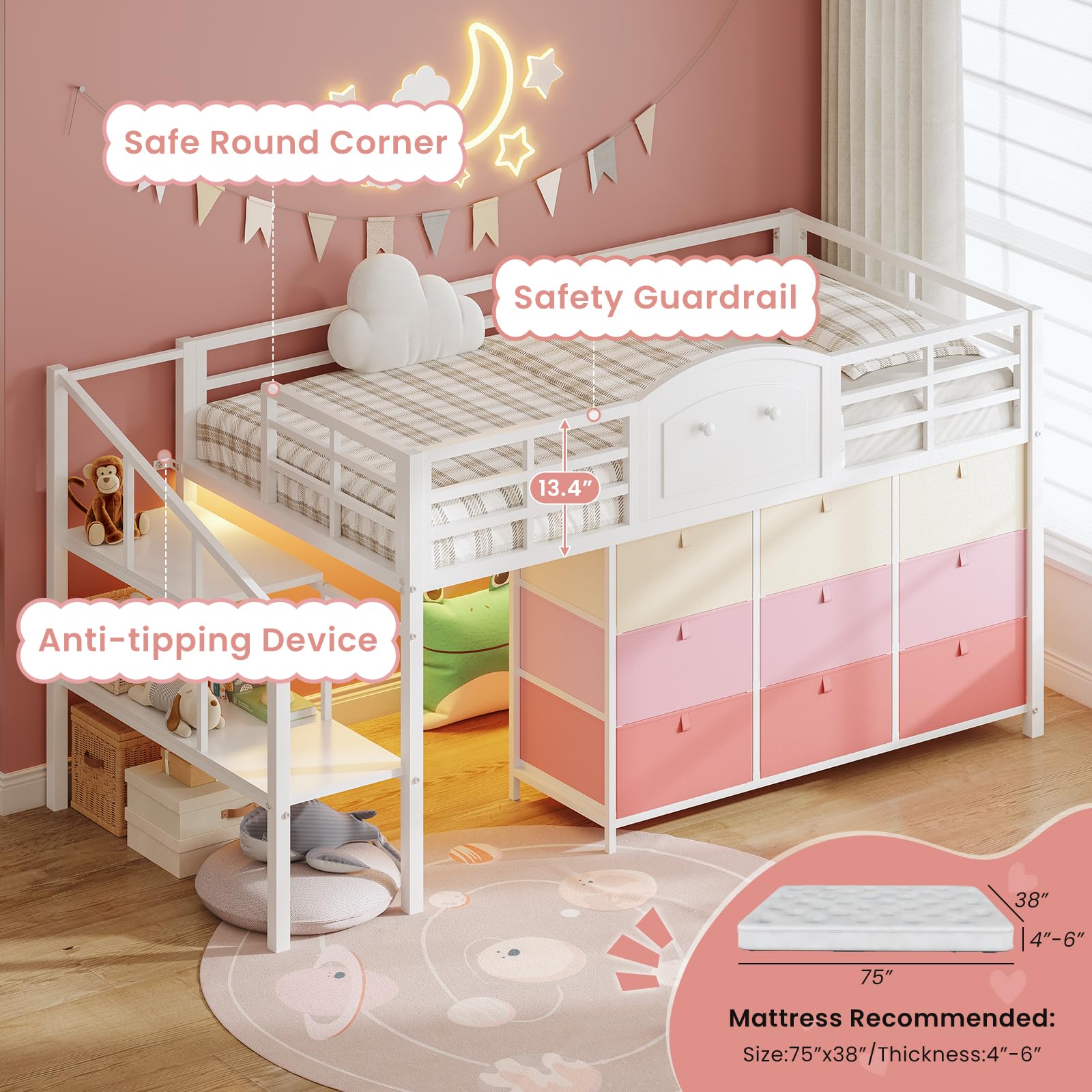 Low Loft Bed Twin with Storage Drawers and LED Lights