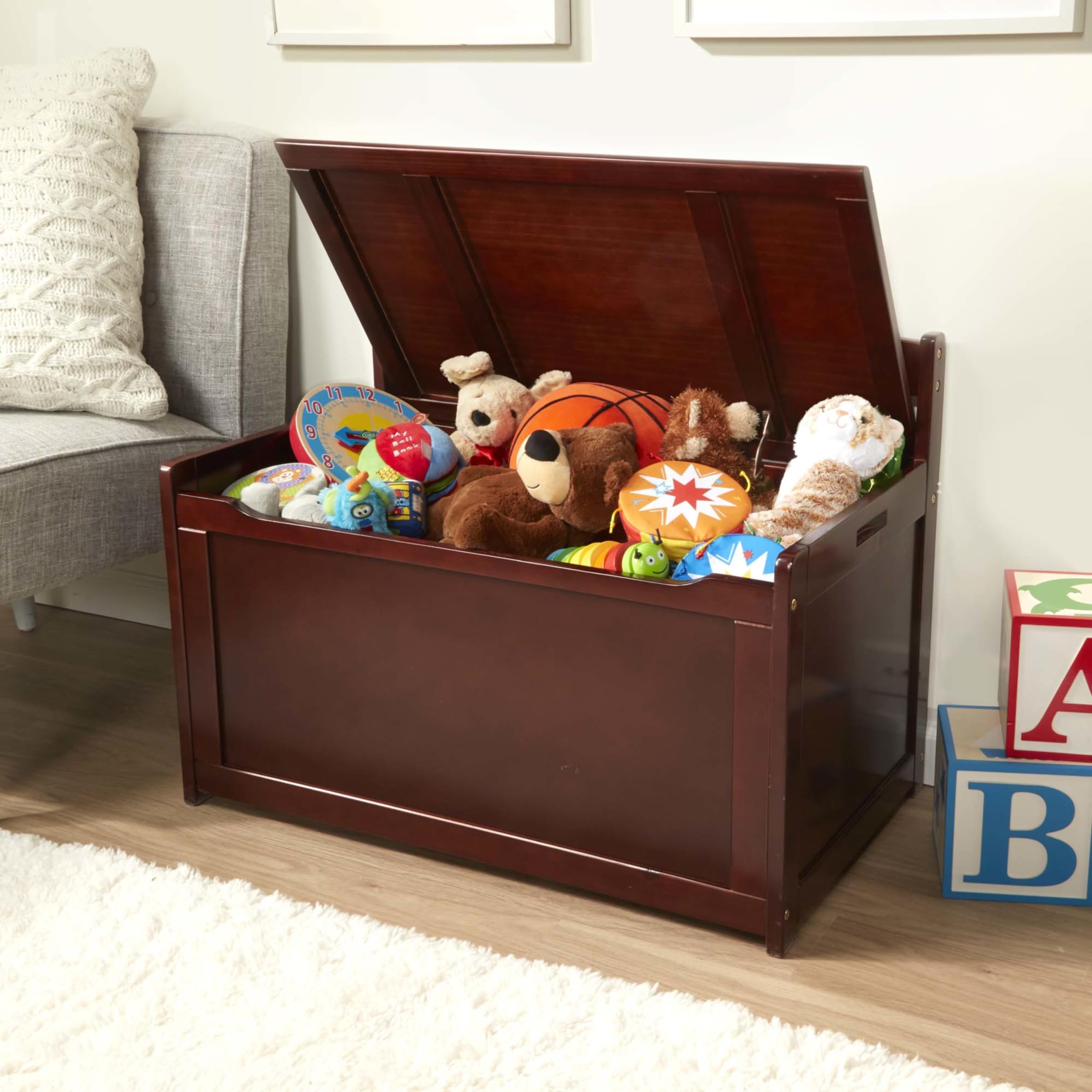Wooden Toy Chest with Safety Hinged Lid - Espresso