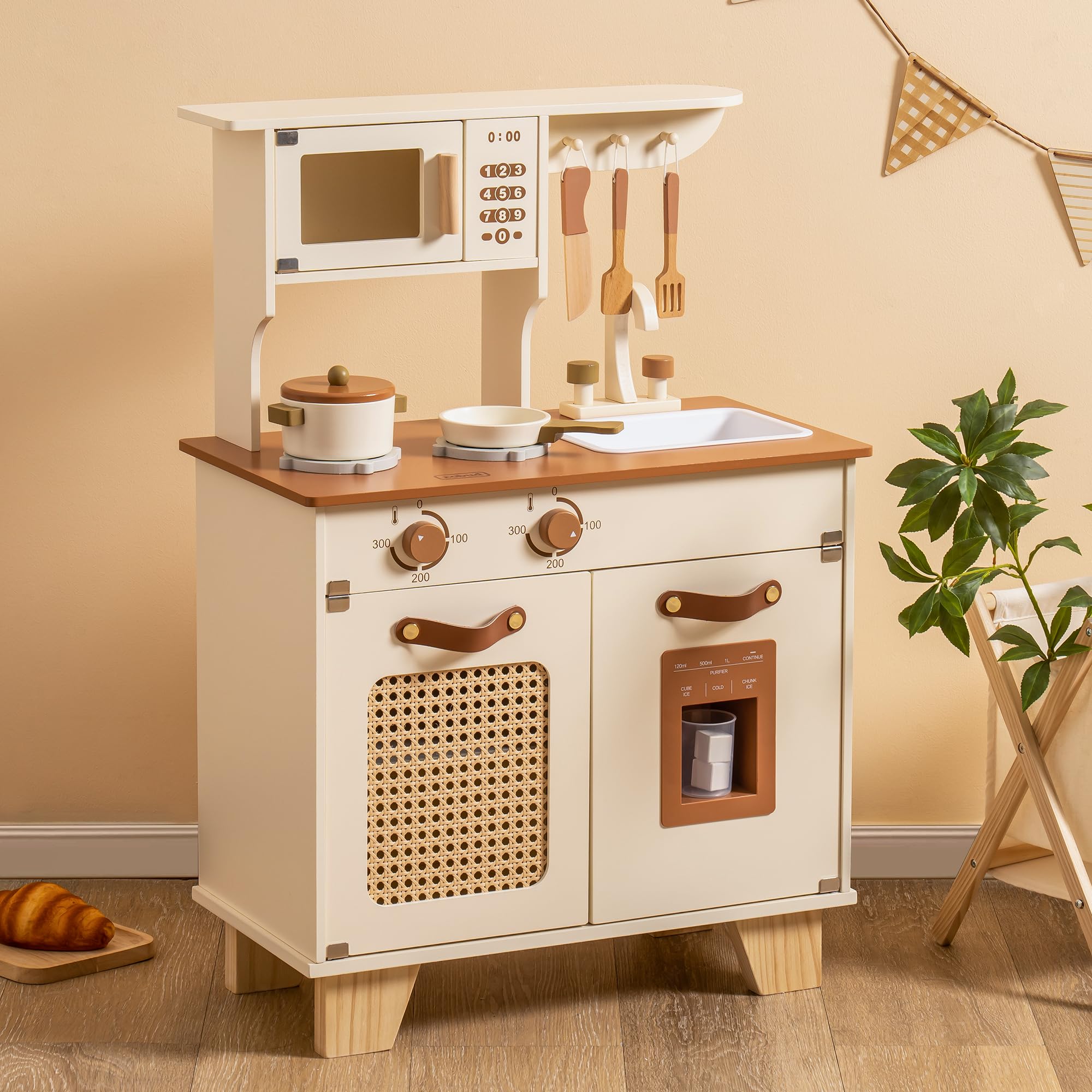 Kids Kitchen Playset, Mocha Montessori Wooden Play Kitchen with Ice Dispenser