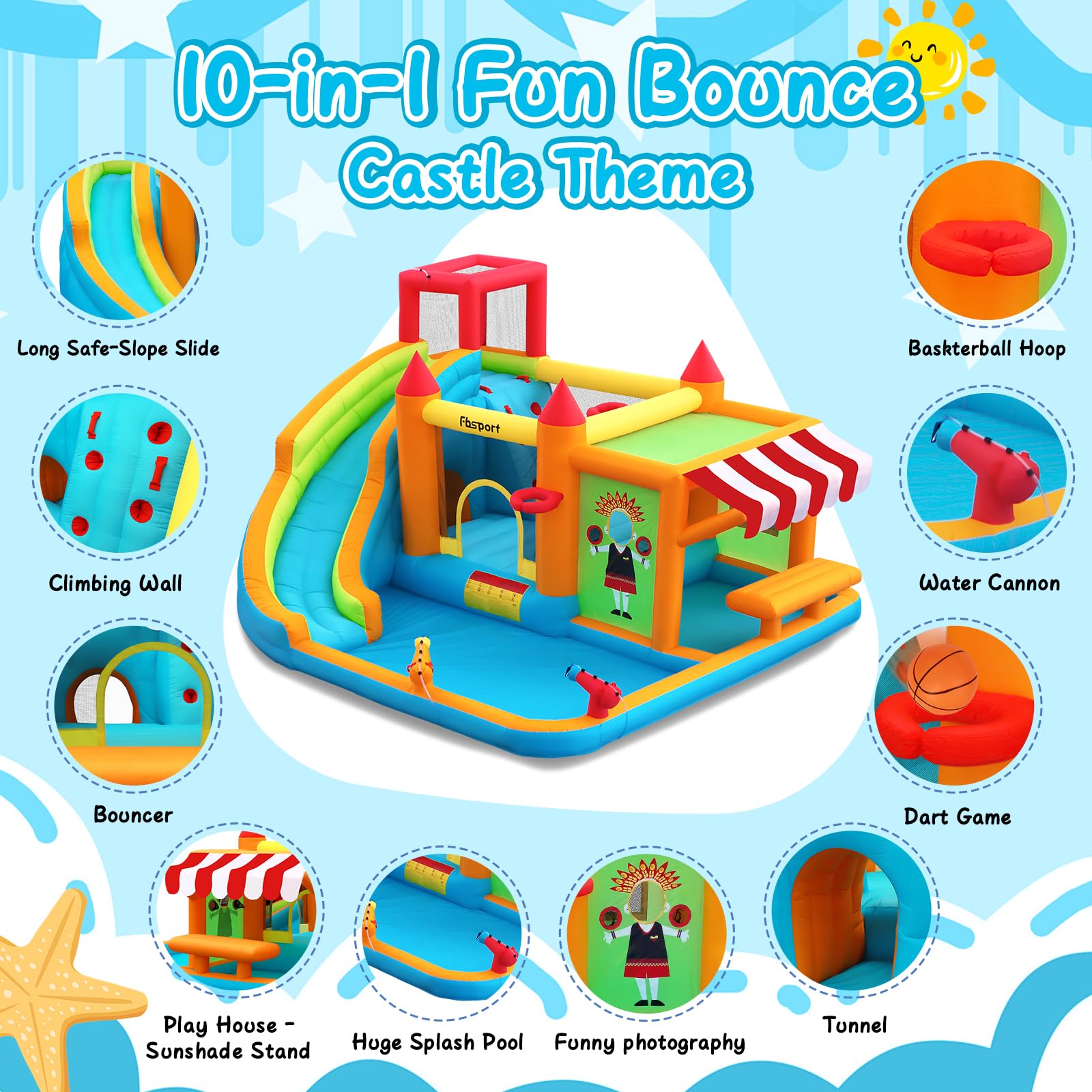 10-in-1 Inflatable Bounce House Water Slide with Splash Pool