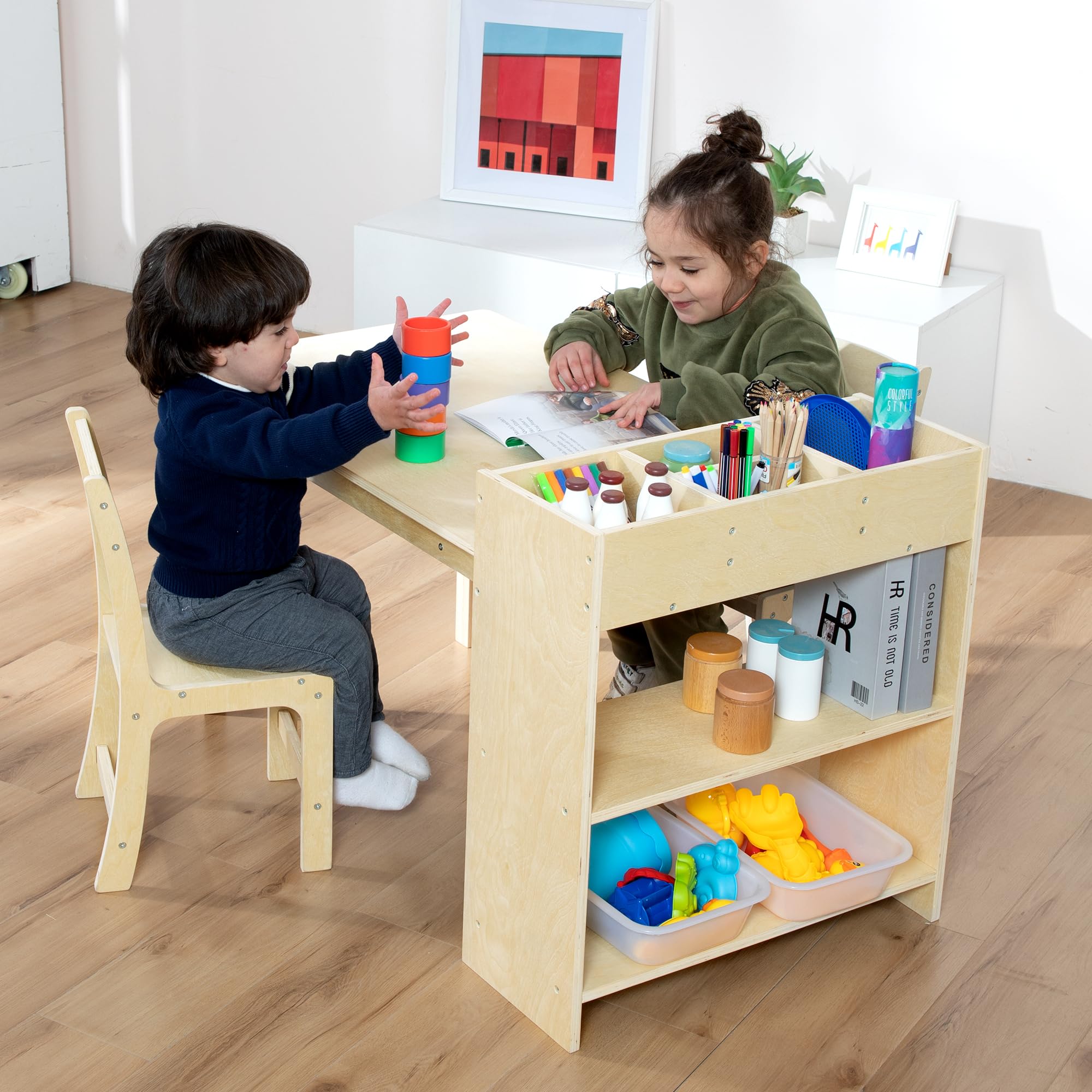 Birch Wood Kids Art Table and Chair Set with Storage