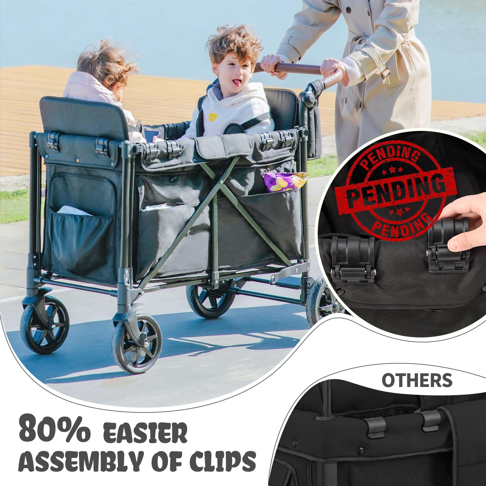 Double Wagon Stroller with Rain Cover and Safety Harness