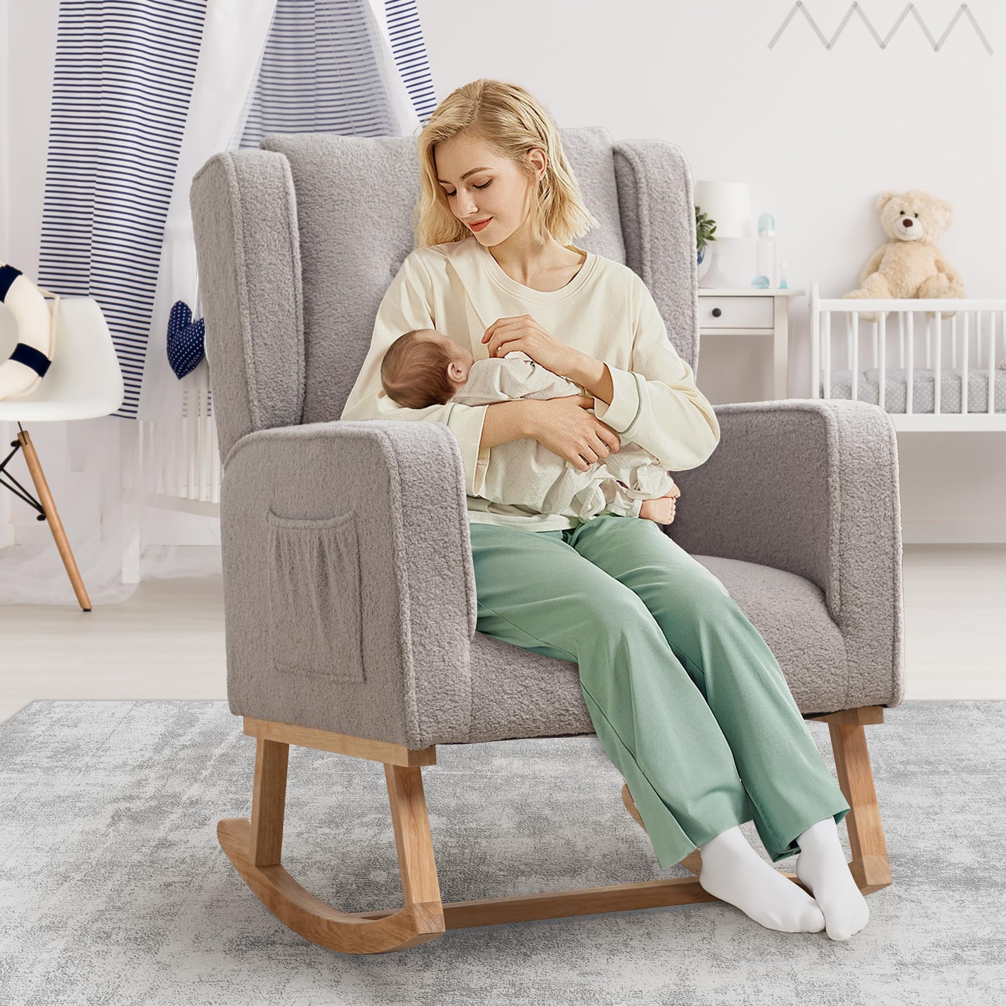 Chair,Rocking Chairs with Side Pocket for Nursery, Upholstered High