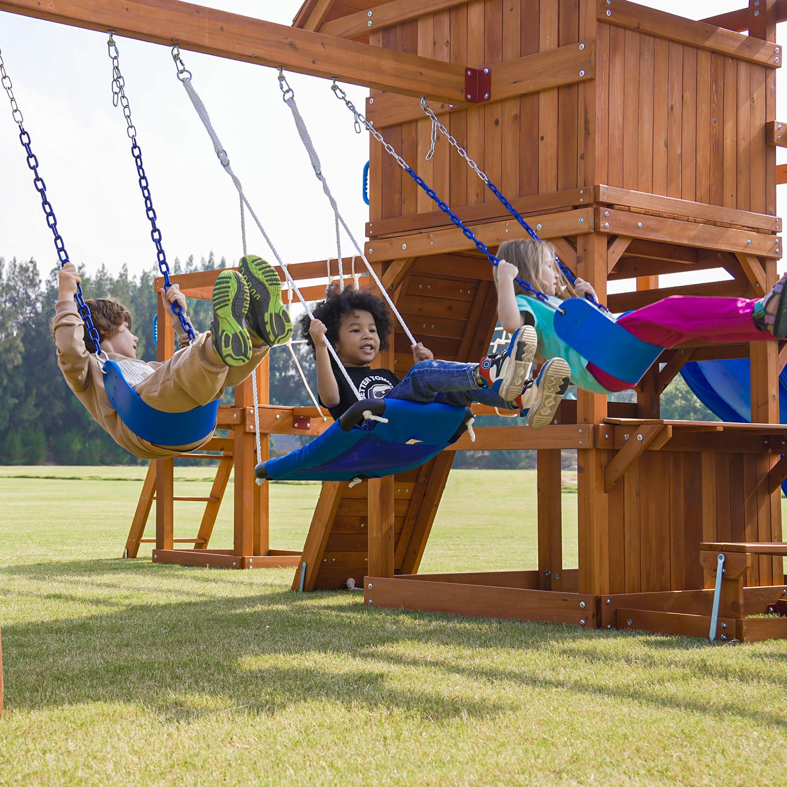 Wooden Swing Set with Monkey Bar Plank Bridge Climbing Wall