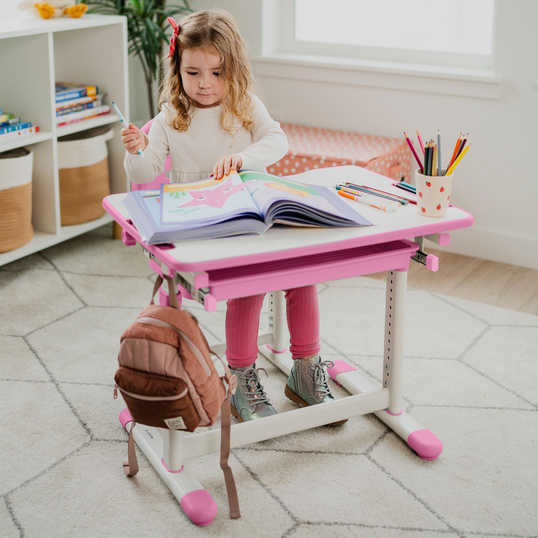 Height Adjustable Kids Desk and Chair Set with Storage Drawer