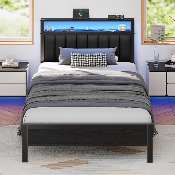 Twin Size Bed Frame with Charging Station and LED Lights