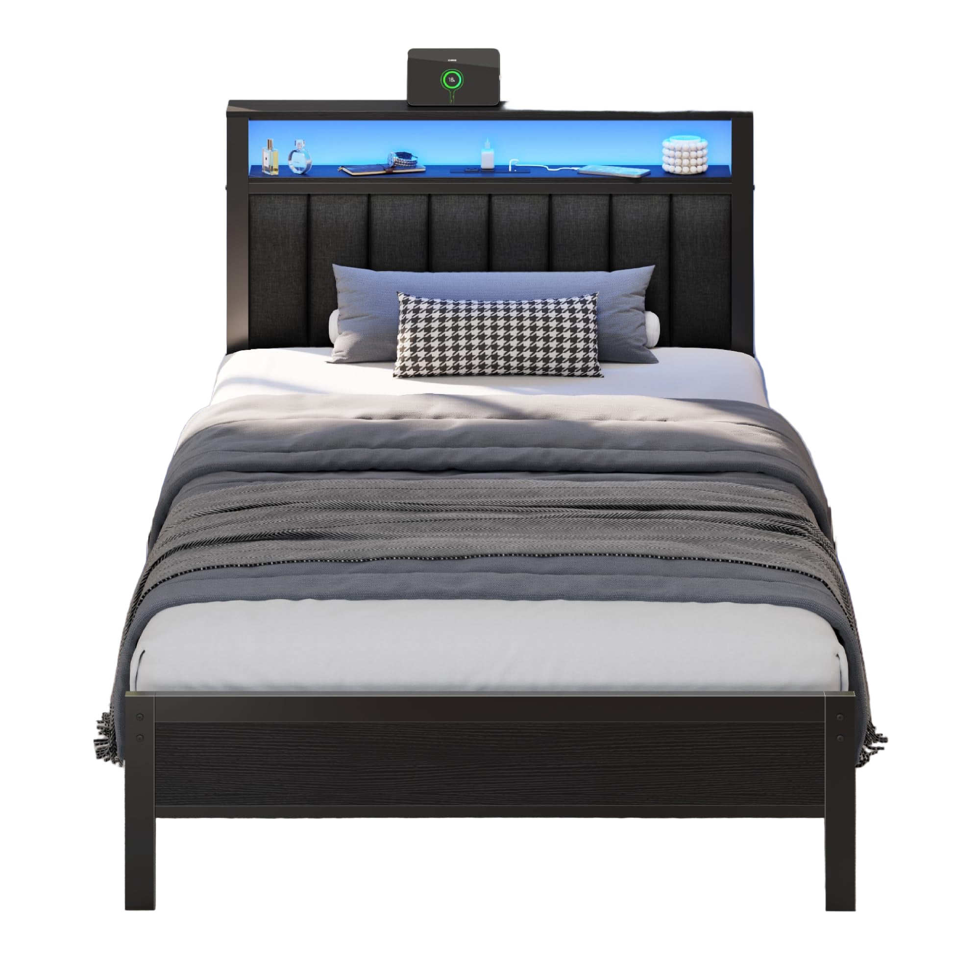 Twin Size Bed Frame with Charging Station and LED Lights