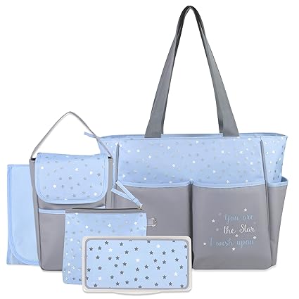 Diaper Bag Tote 5 Piece Set with Sun, Moon, and Stars, Wipes Pocket