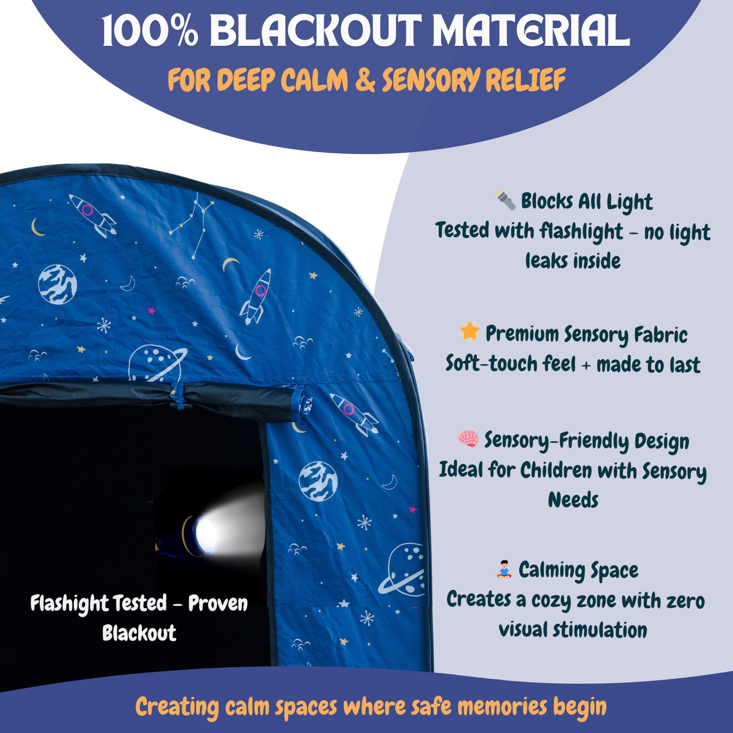 Sensory Tent for Kids with LED Lights & Remote – Blackout Pop-Up Calm Down for Autism, ADHD & SPD – Indoor Sensory Room & Play Tent – Foldable & Portable – L’Arche (Space Theme, Regular 35.4 in)
