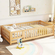 Twin Floor Bed with Slats Door and Safety Fence