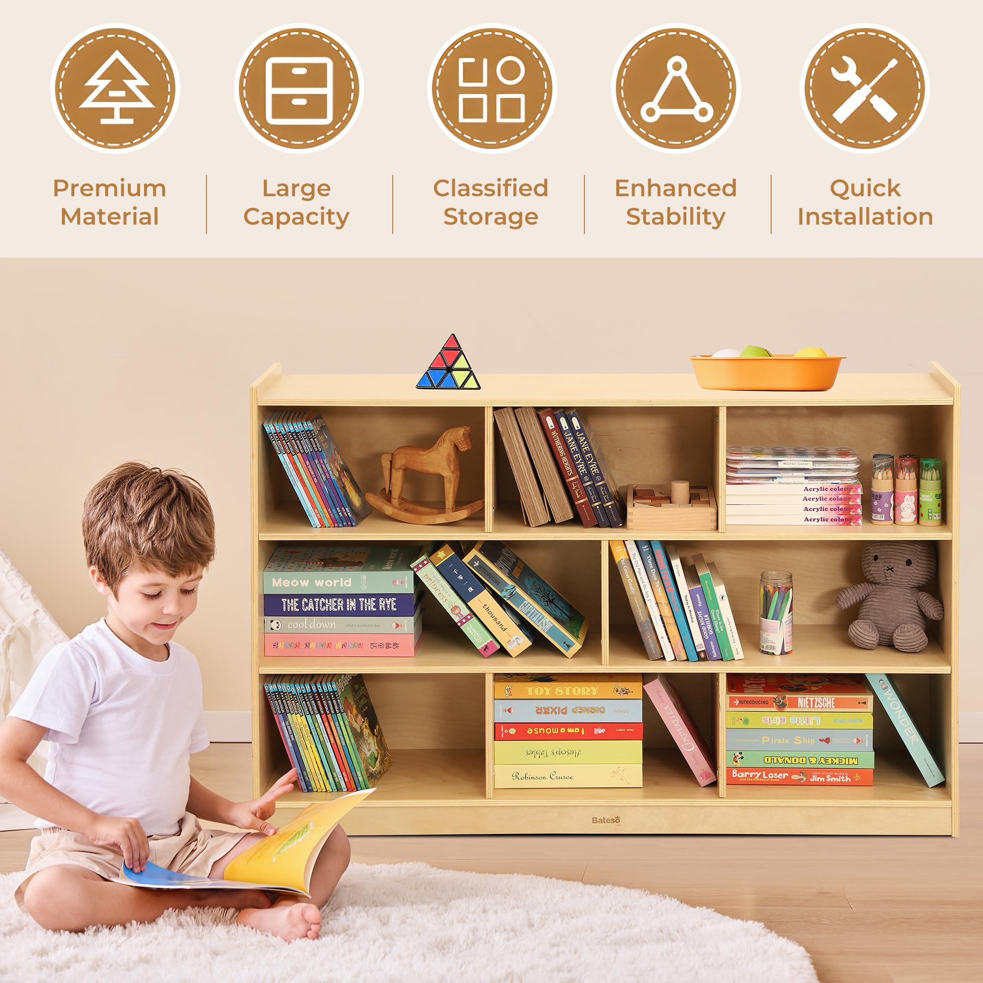 8-Section Wooden Kids Storage Bookshelf