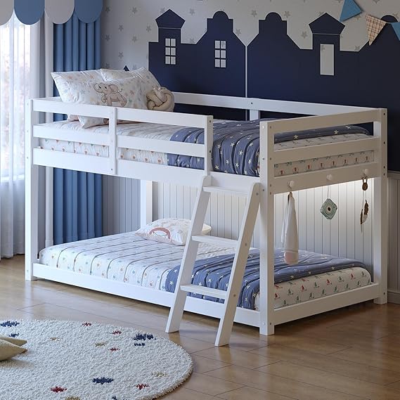 Low Bunk Bed with Guardrail and LED Light, Floor Toddler Bunk Bed Twin Over Twin